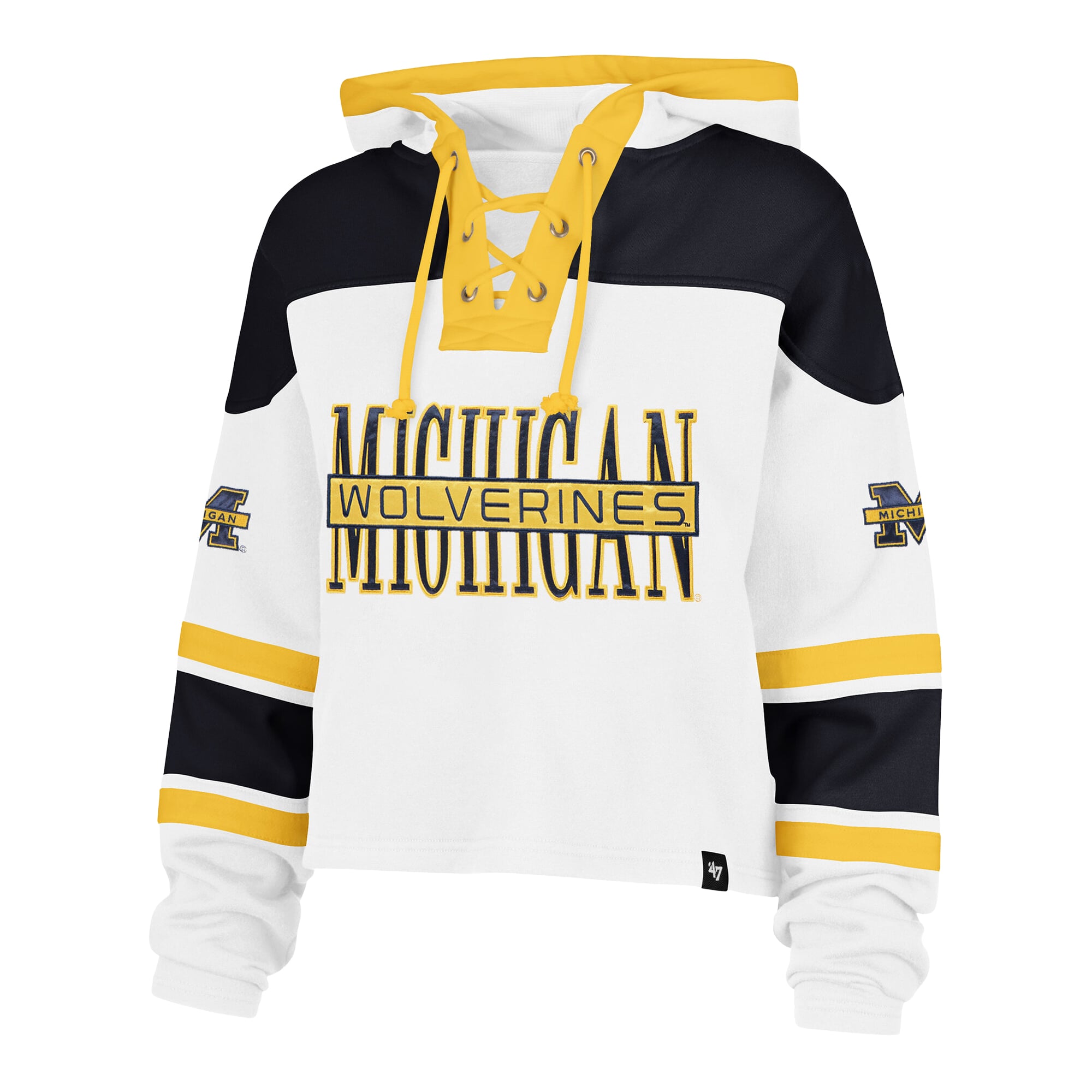 Women's '47  White Michigan Wolverines Cut Thru Cropped Superior Lacer Pullover Hoodie