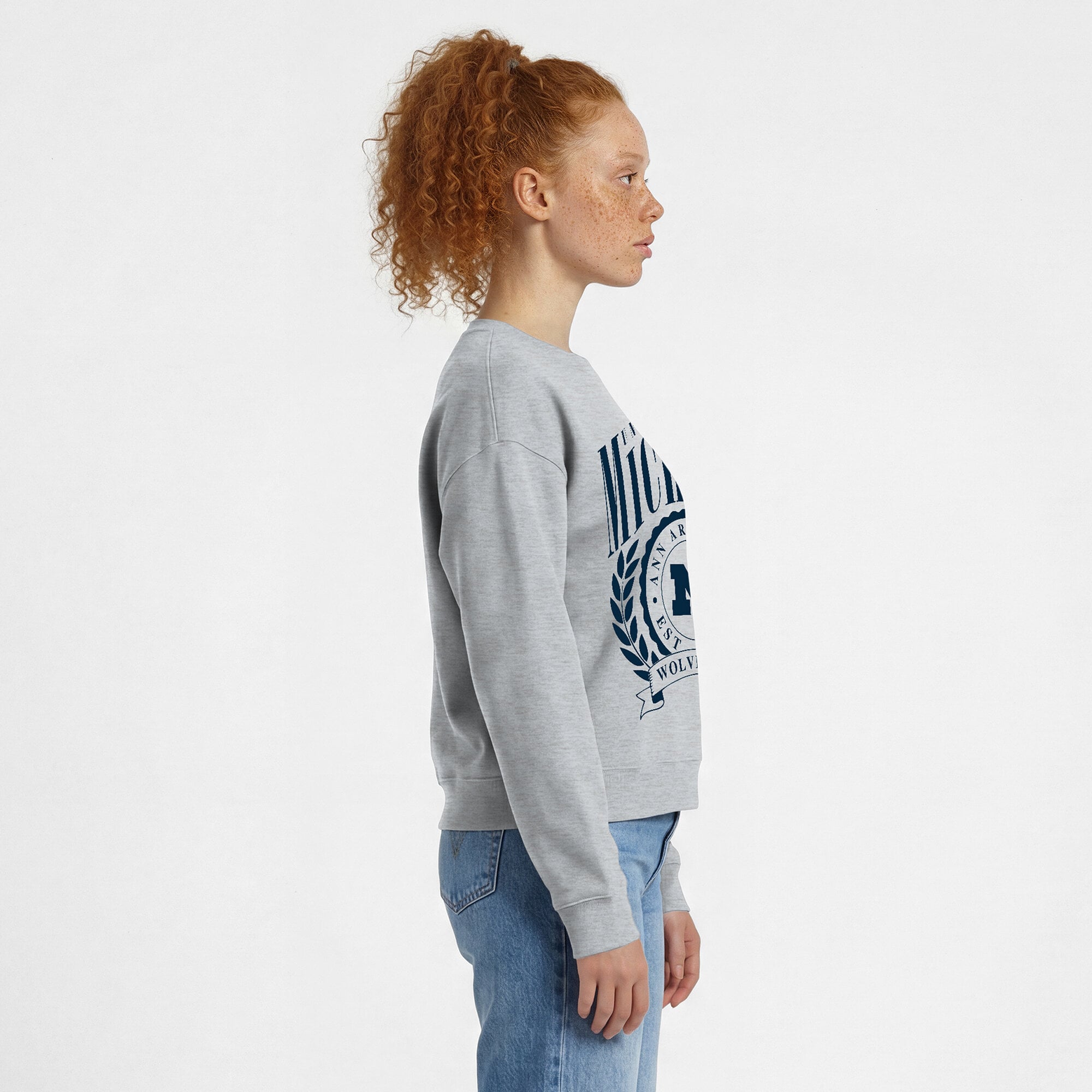Women's Champion  Heather Gray Michigan Wolverines Academic Crest Powerblend Crewneck Sweatshirt