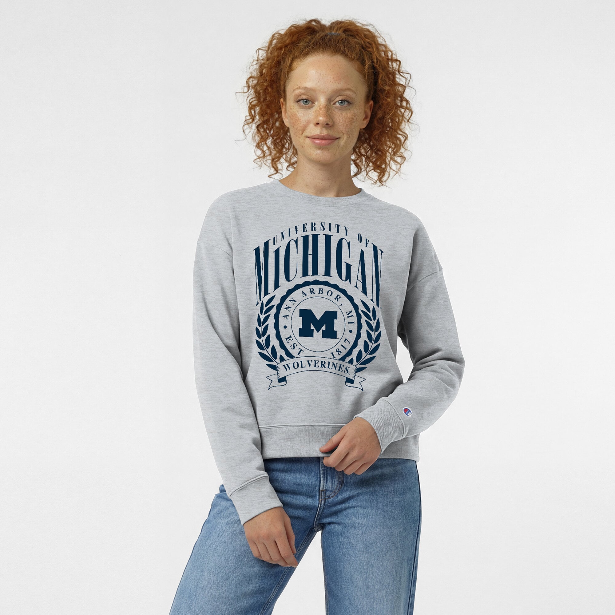 Women's Champion Heather Gray Michigan Wolverines Academic Crest Powerblend Crewneck Sweatshirt
