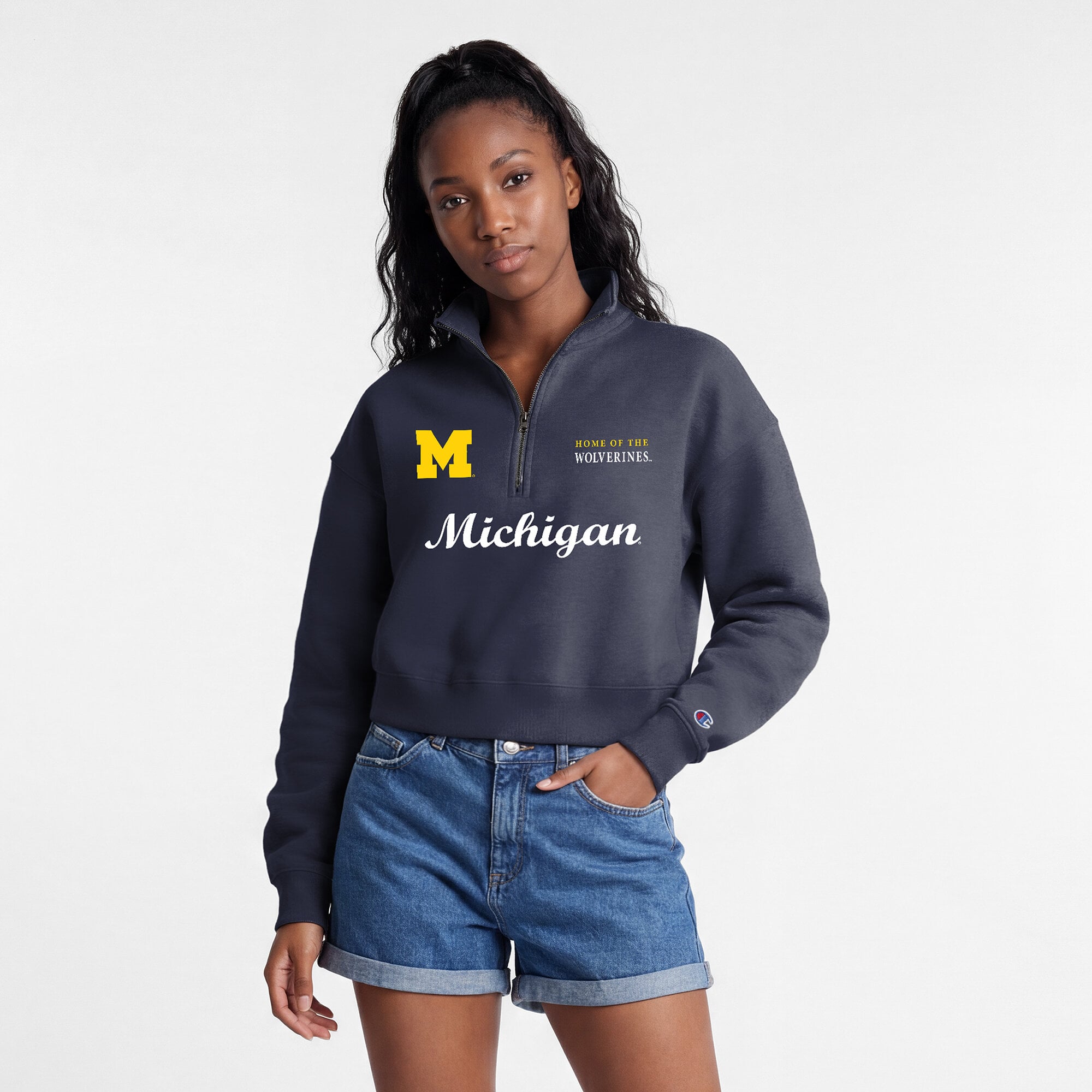 Women's Champion Navy Michigan Wolverines Academic Triumph Quarter-Zip Tri-Blend Pullover