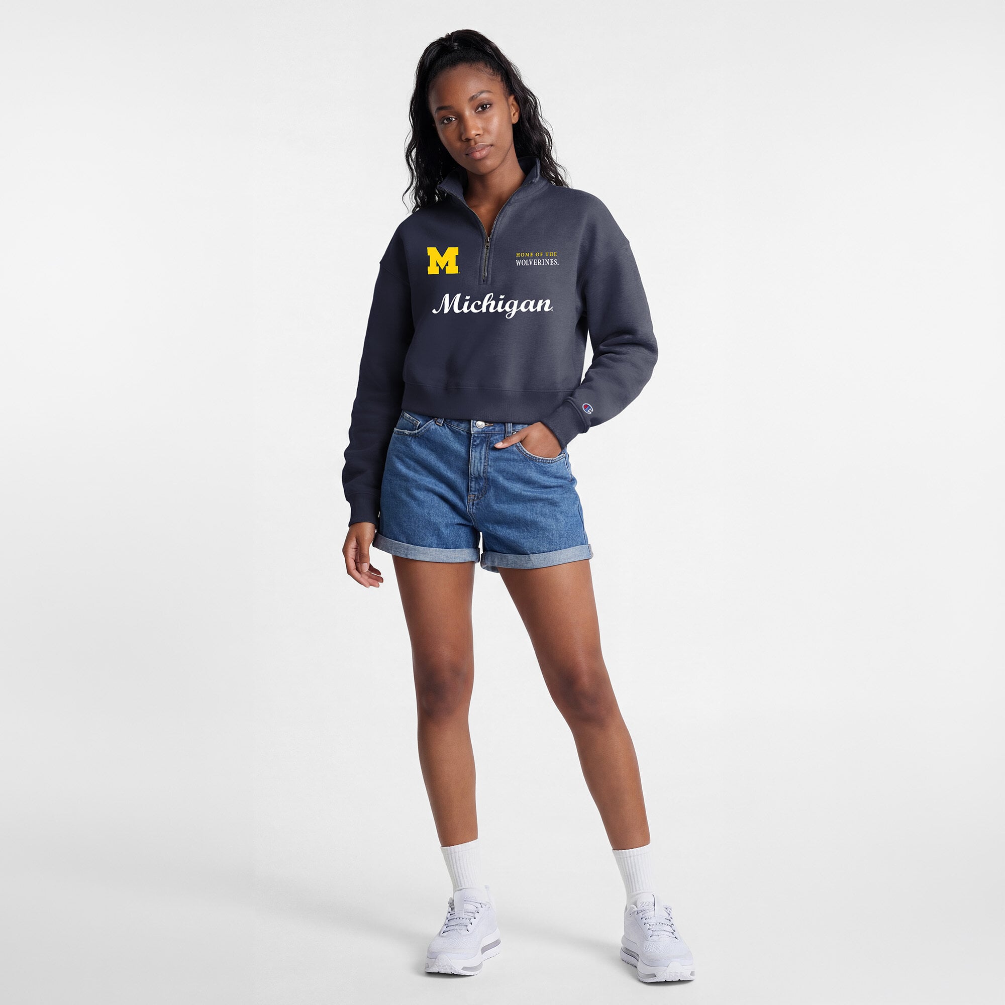 Women's Champion Navy Michigan Wolverines Academic Triumph Quarter-Zip Tri-Blend Pullover