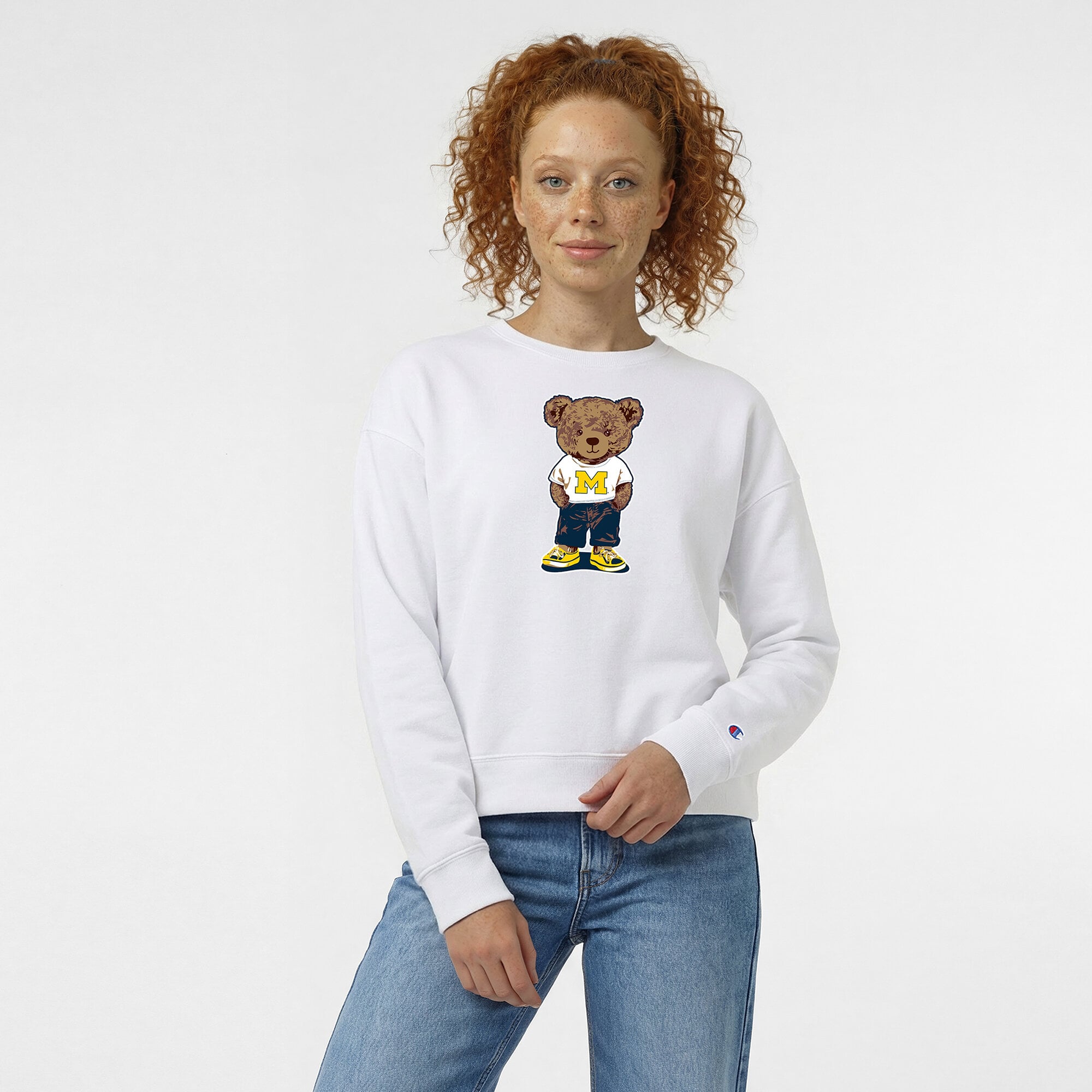Women's Champion White Michigan Wolverines Teddy Bear Fleece Sweatshirt