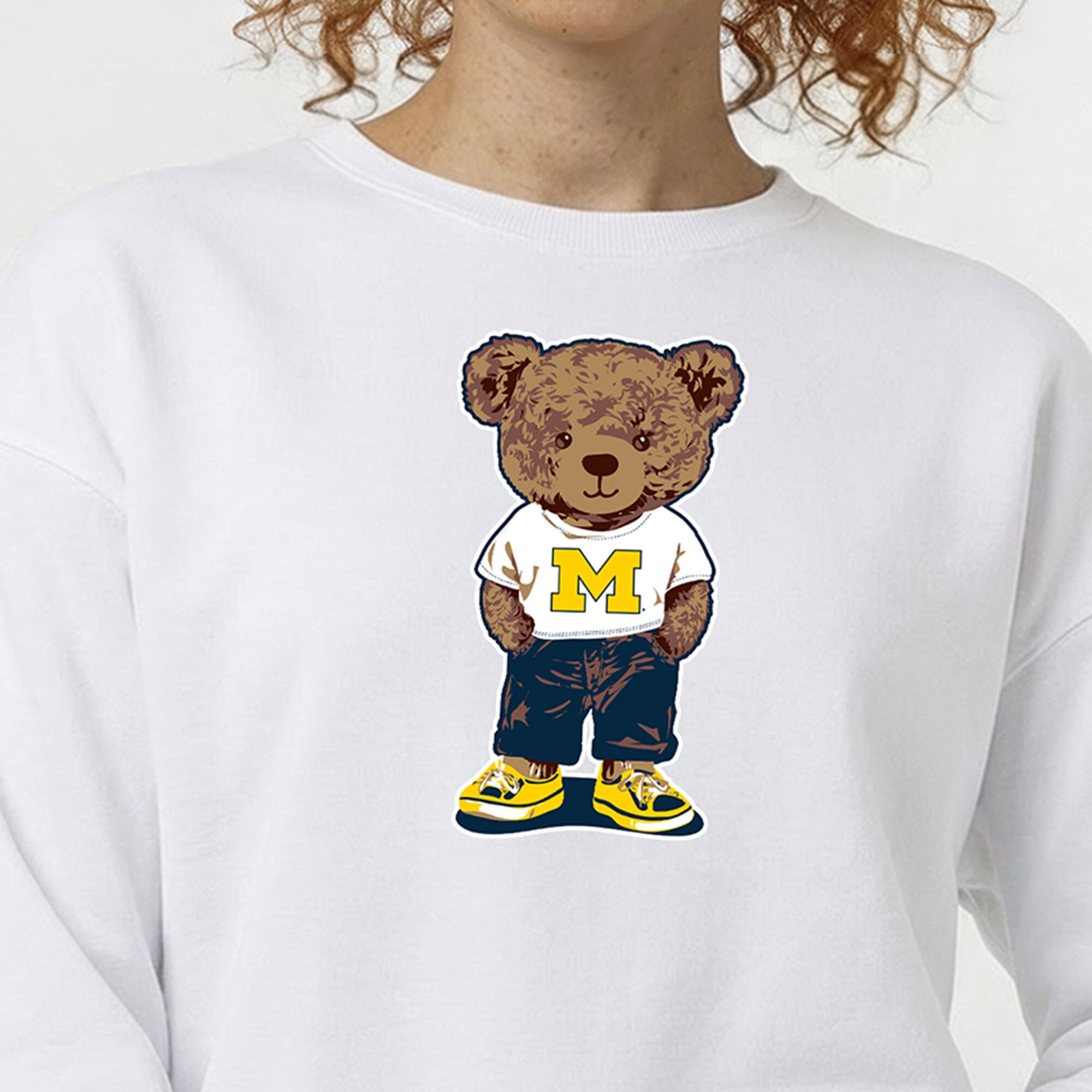 Women's Champion White Michigan Wolverines Teddy Bear Fleece Sweatshirt