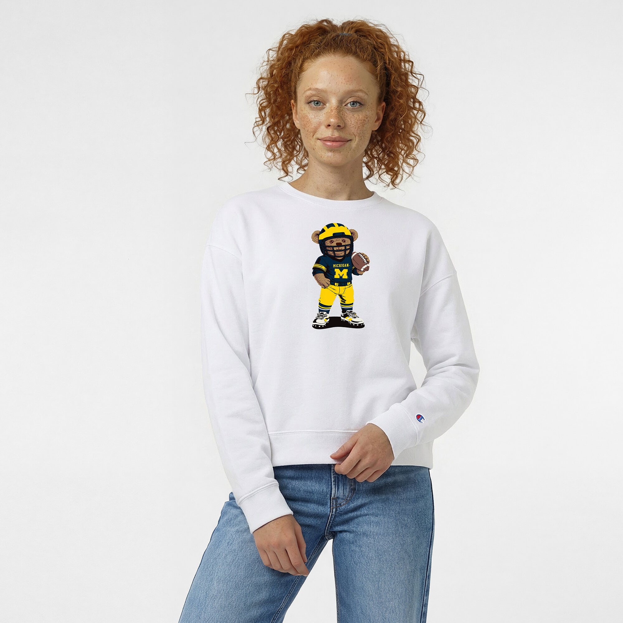 Women's Champion  White Michigan Wolverines Teddy Bear Sweatshirt
