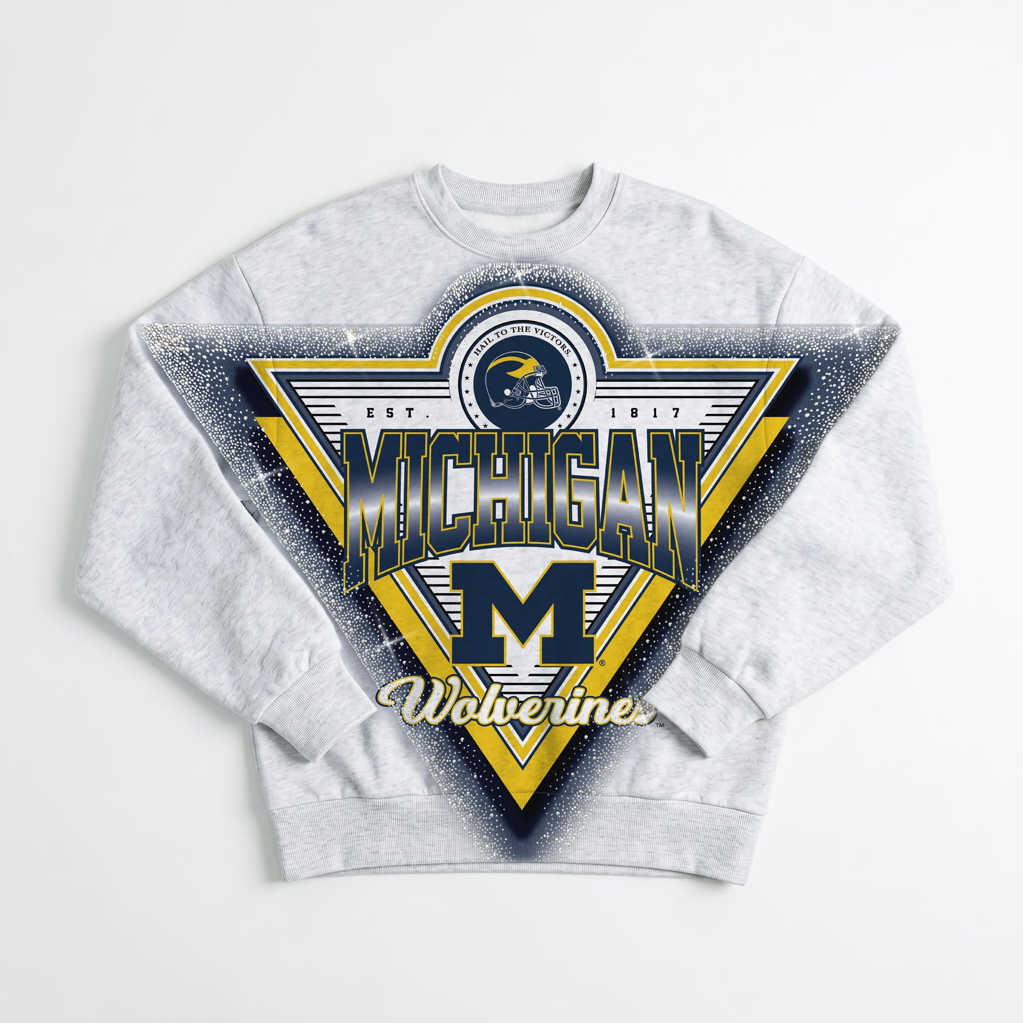 Women's Gameday Couture Gray Michigan Wolverines Chasing Victory Rhinestone Spray Oversized Fleece Sweatshirt