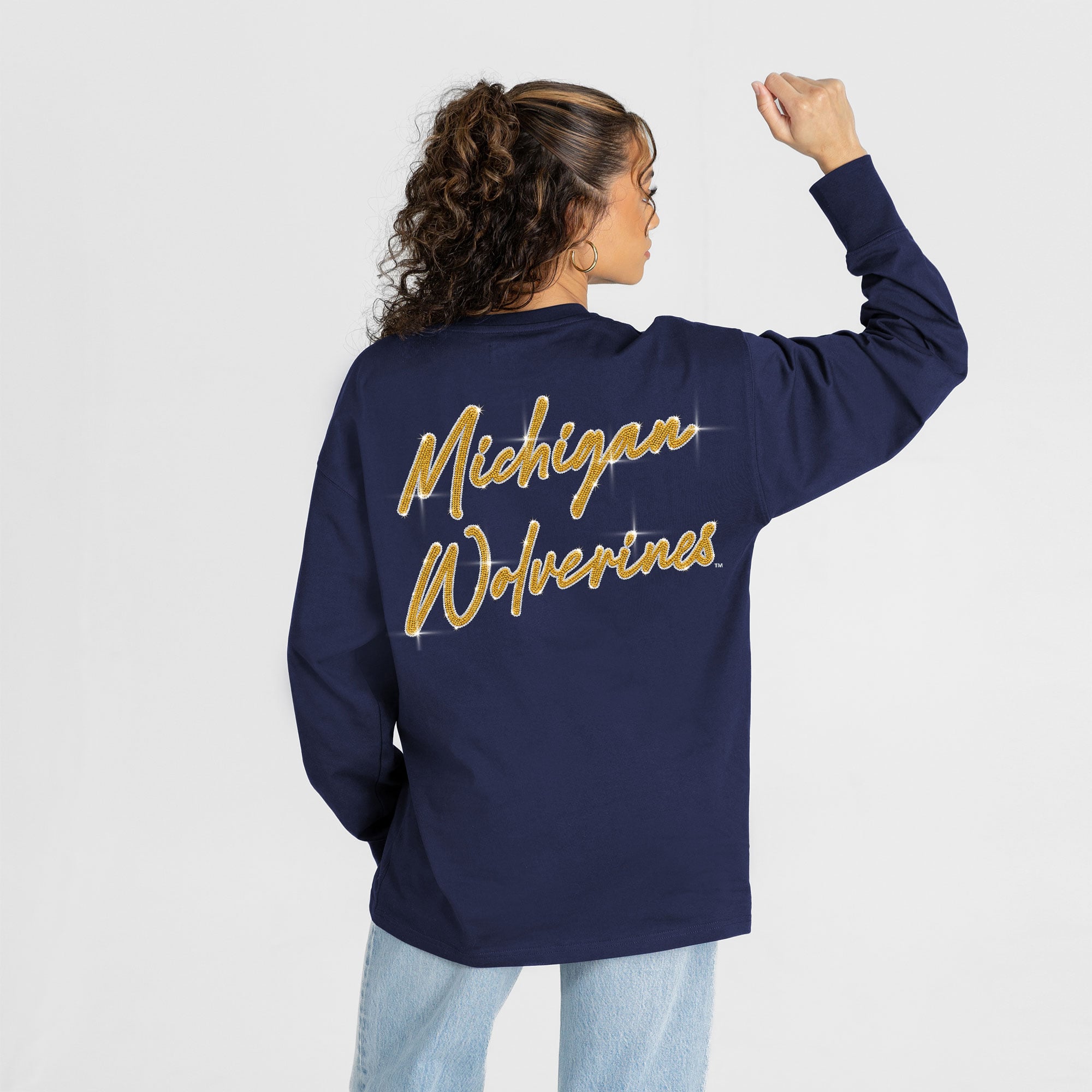 T-shirt à manches longues pour femmes Gameday Couture bleu marine Michigan Wolverines Light It Up strass