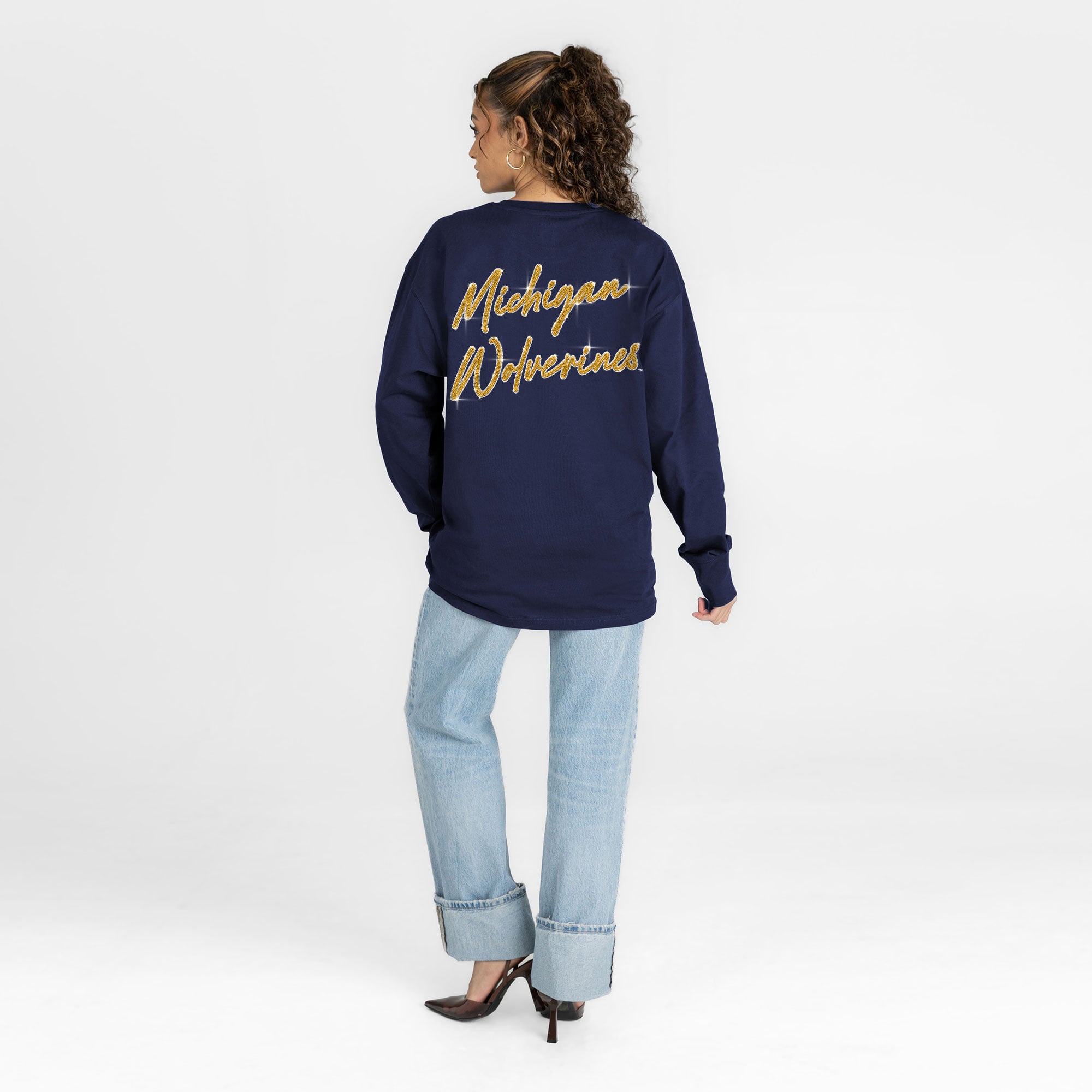 T-shirt à manches longues pour femmes Gameday Couture bleu marine Michigan Wolverines Light It Up strass
