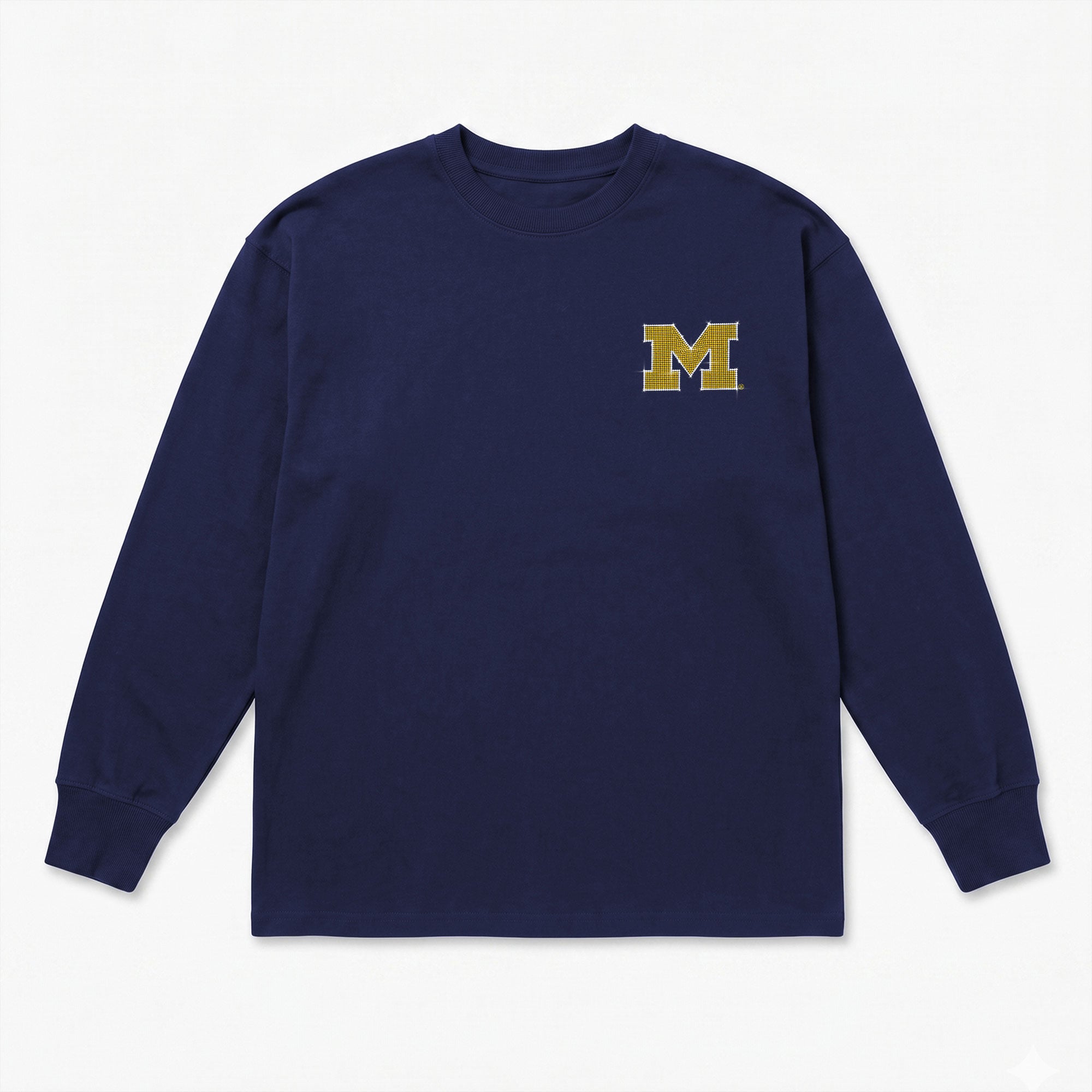 T-shirt à manches longues pour femmes Gameday Couture bleu marine Michigan Wolverines Light It Up strass