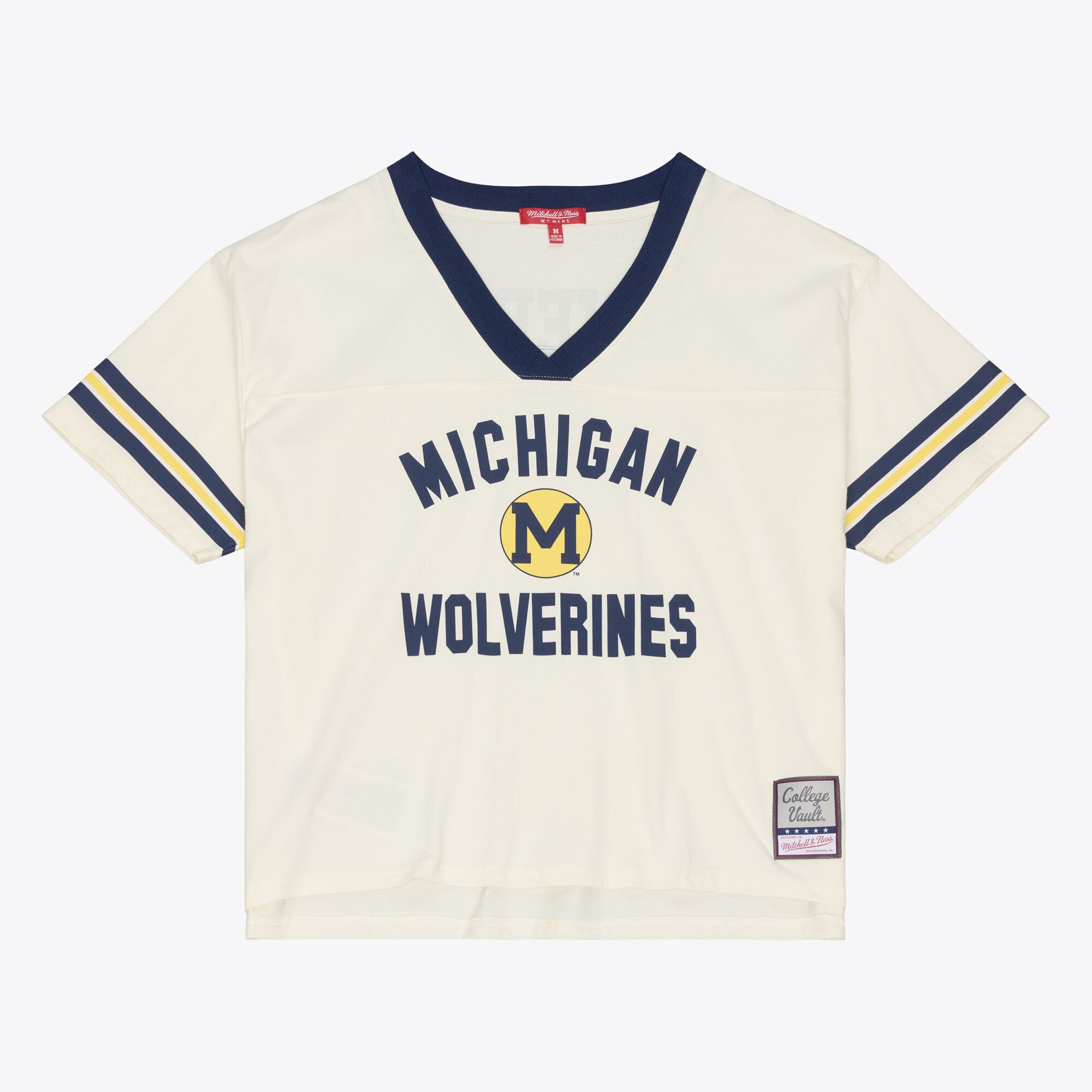 Women's Mitchell & Ness Cream Michigan Wolverines Retro Roots Crop Boxy Yoke T-Shirt