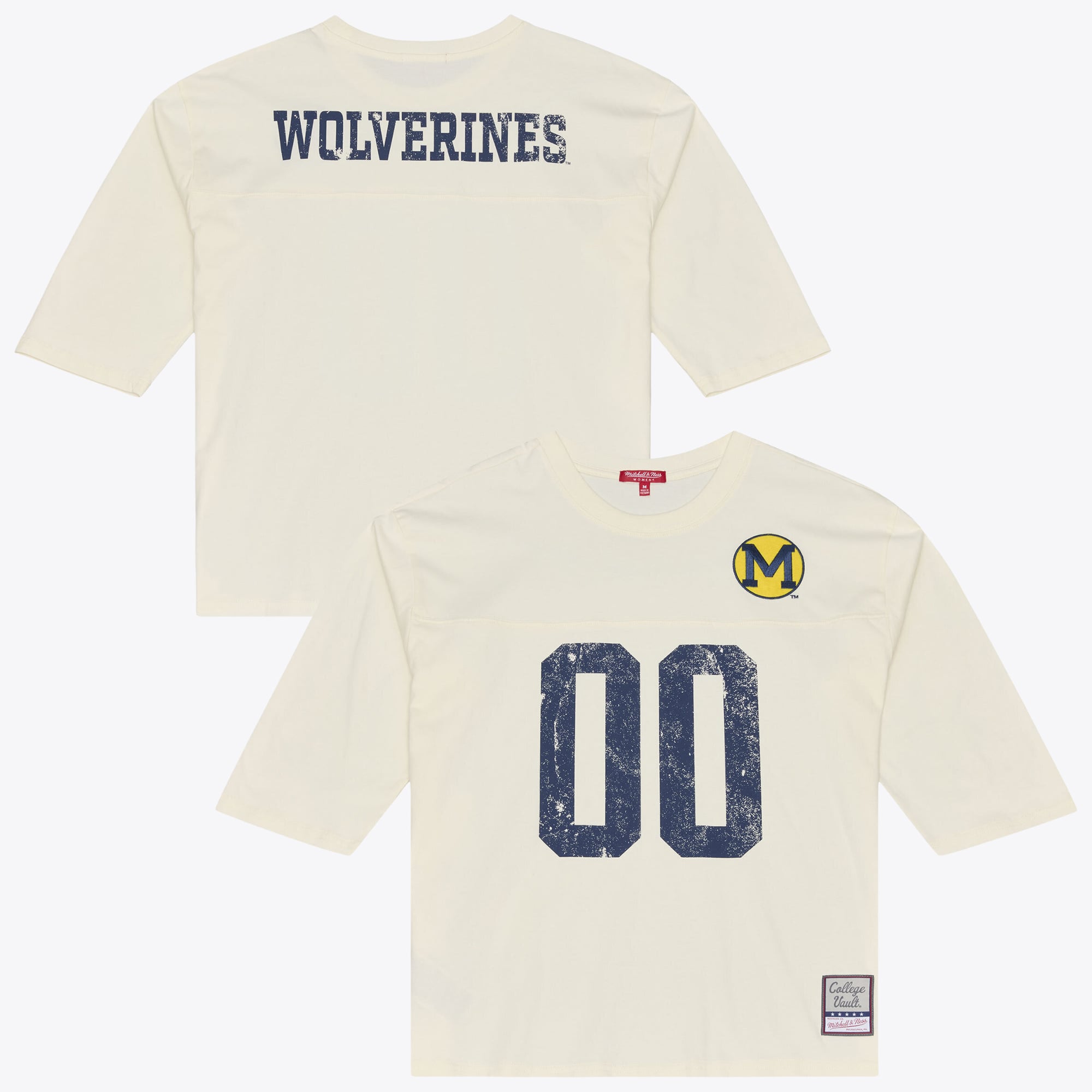 Women's Mitchell & Ness Cream Michigan Wolverines Retro Roots Oversized 3/4-Sleeve T-Shirt