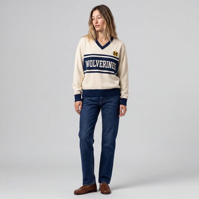 Michigan Wolverines Mitchell & Ness Women's Retro Roots V-Neck Sweater - Cream
