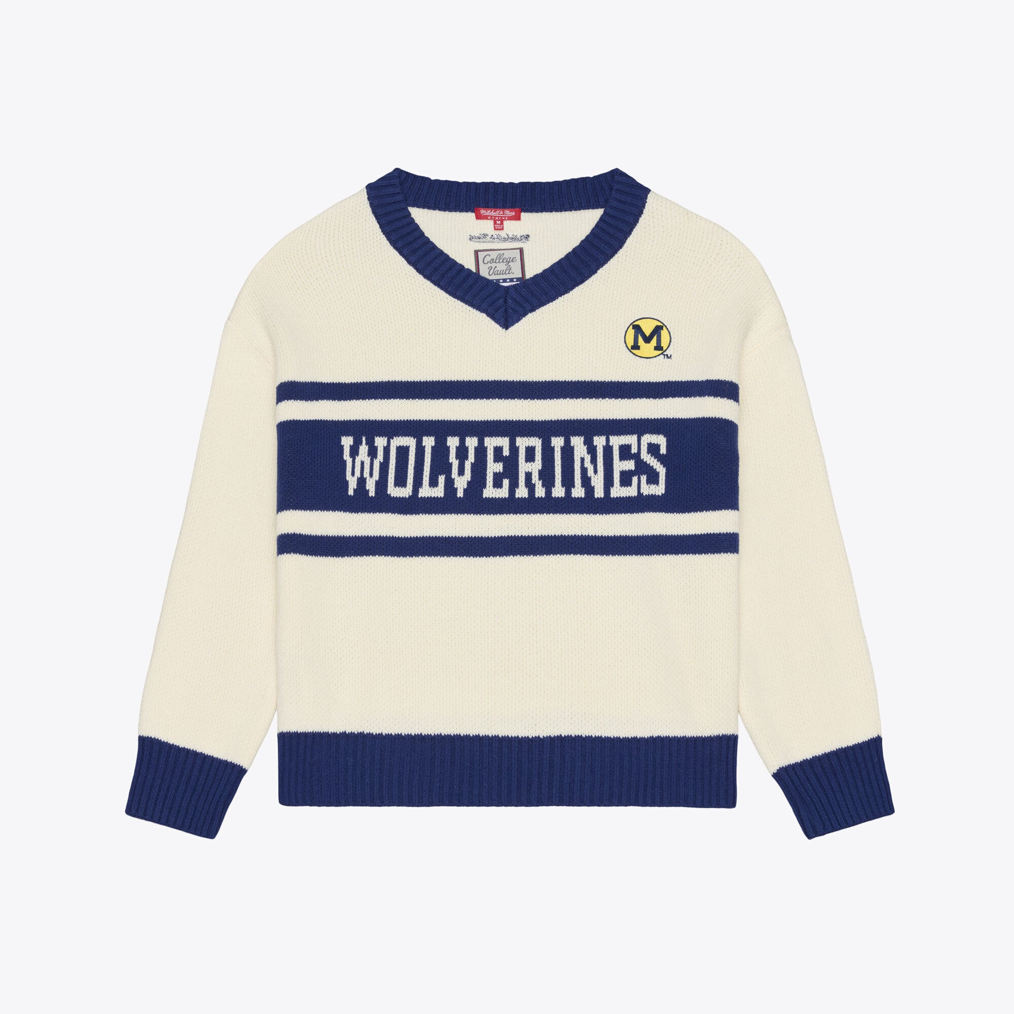 Pull à col en V Mitchell & Ness crème Michigan Wolverines Retro Roots pour femme