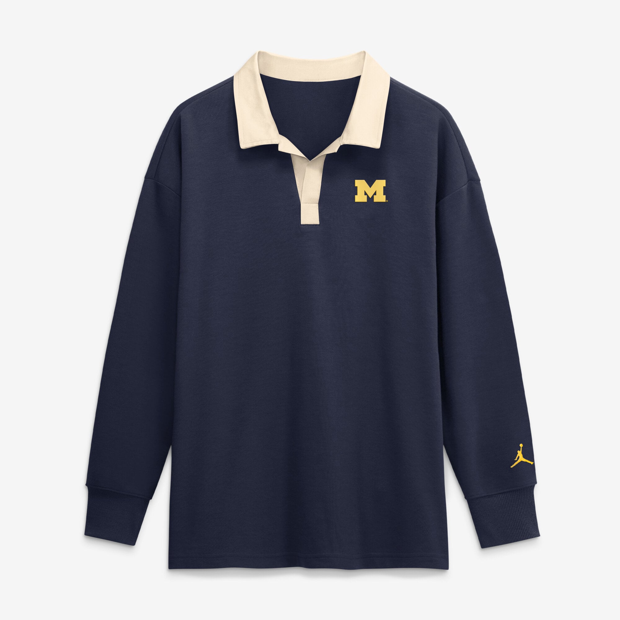 Polo Nike Michigan Wolverines bleu marine oversize à manches longues et col en V pour femme