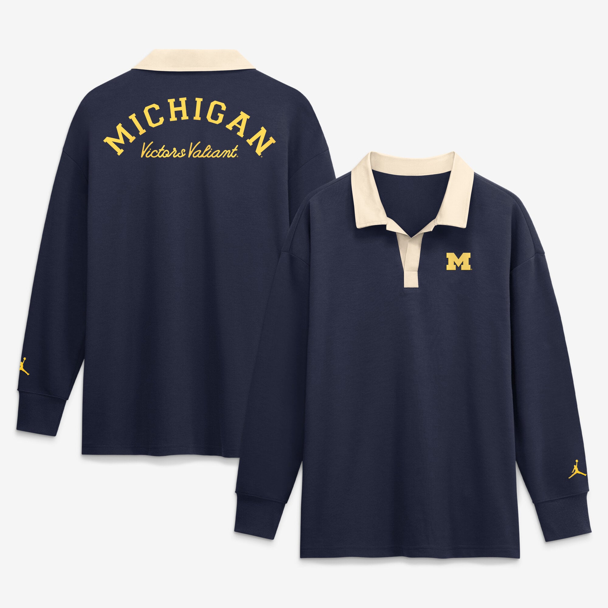 Polo Nike Michigan Wolverines bleu marine oversize à manches longues et col en V pour femme