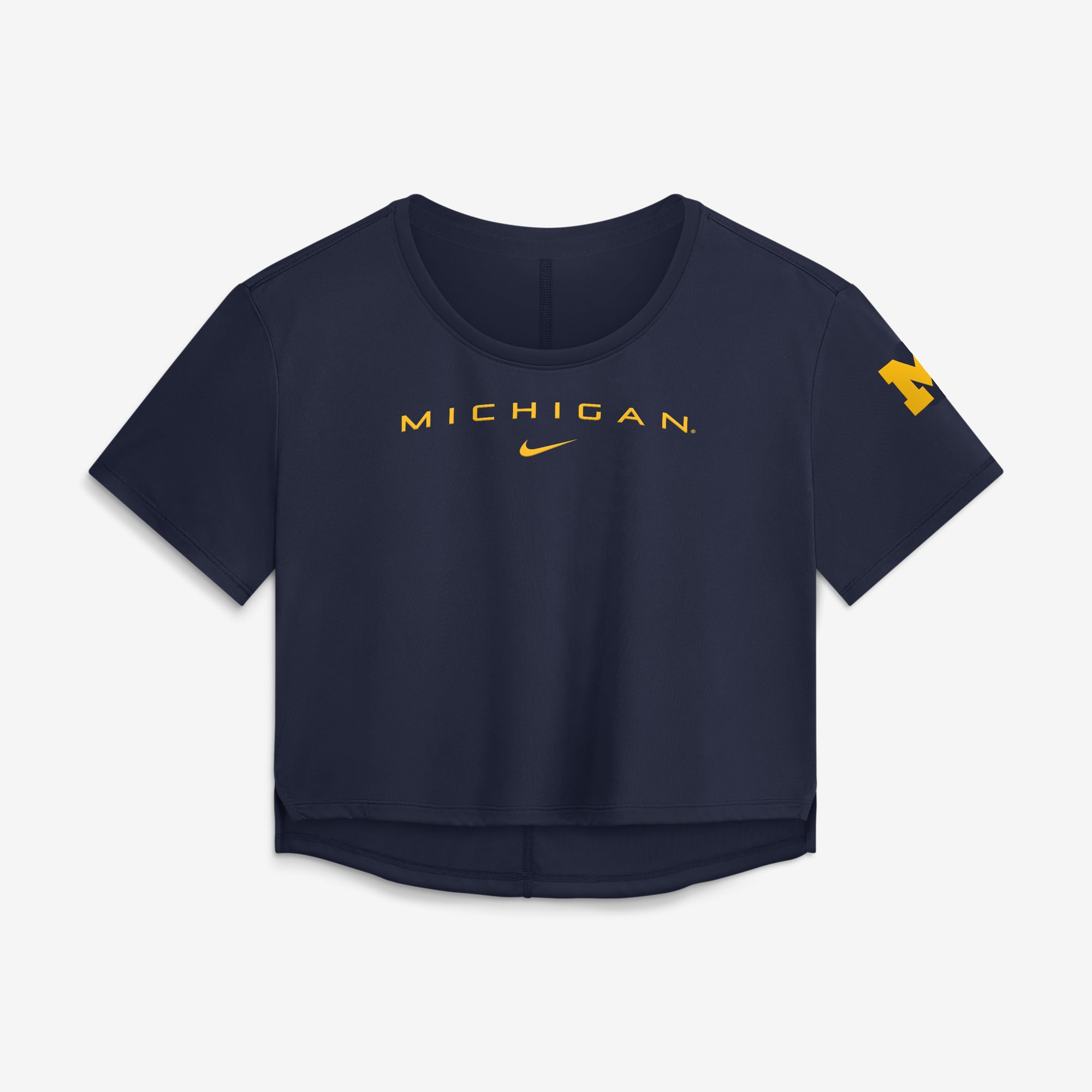 Haut court Nike Michigan Wolverines bleu marine pour femme, performance premium Dri-FIT
