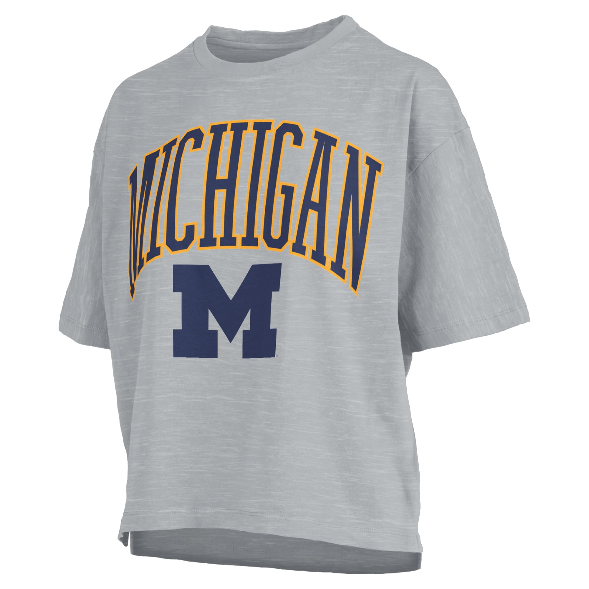 T-shirt oversize Pressbox Navy Michigan Wolverines pour femmes, logo Nelson Arch Over, en tissu flammé.