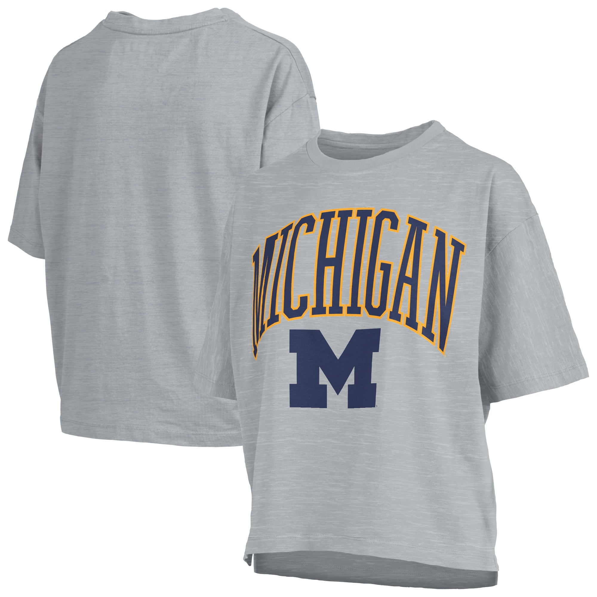 T-shirt oversize Pressbox Navy Michigan Wolverines pour femmes, logo Nelson Arch Over, en tissu flammé.
