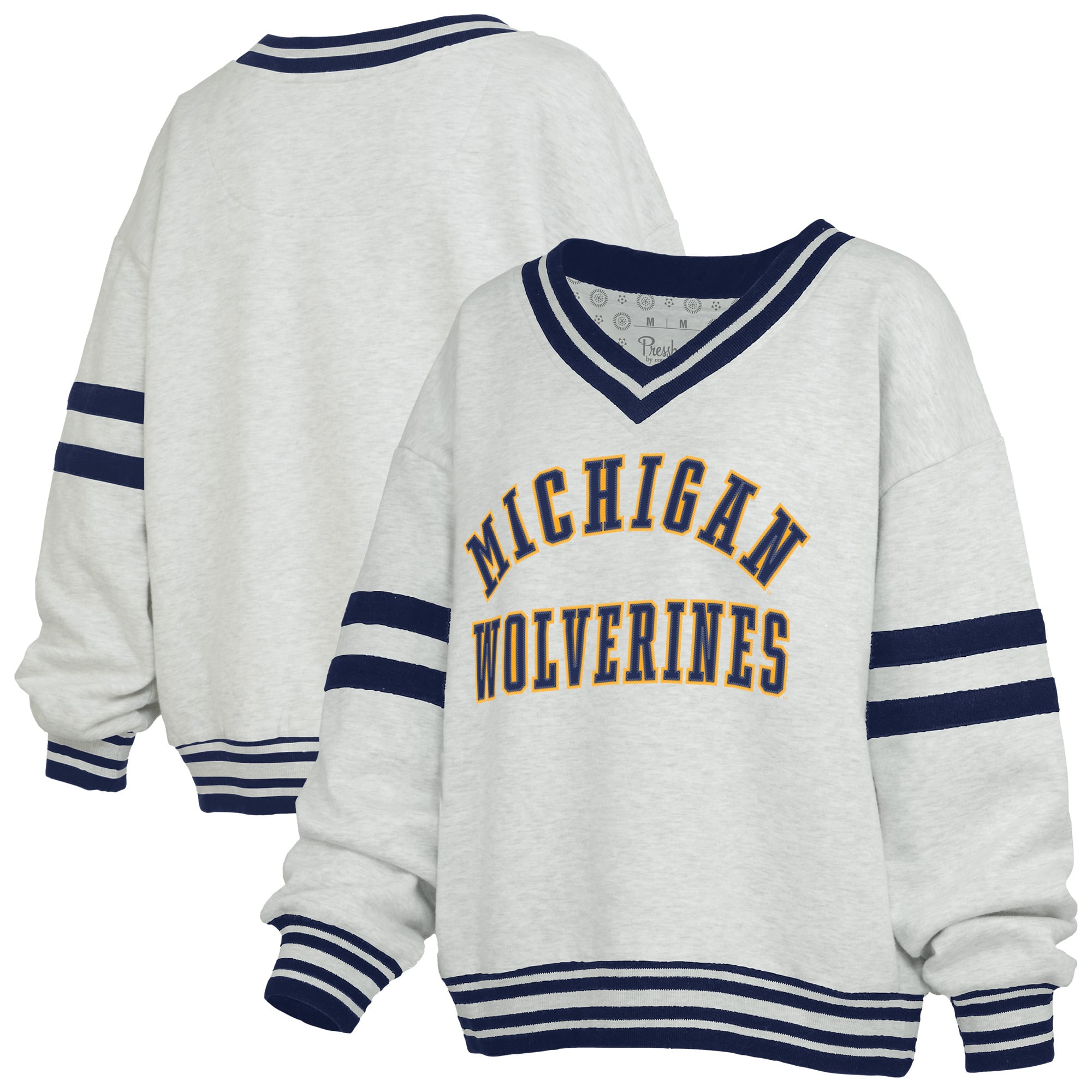 Women's Pressbox Gray/Navy Michigan Wolverines Tackle Twill Oates V-Neck Sweatshirt