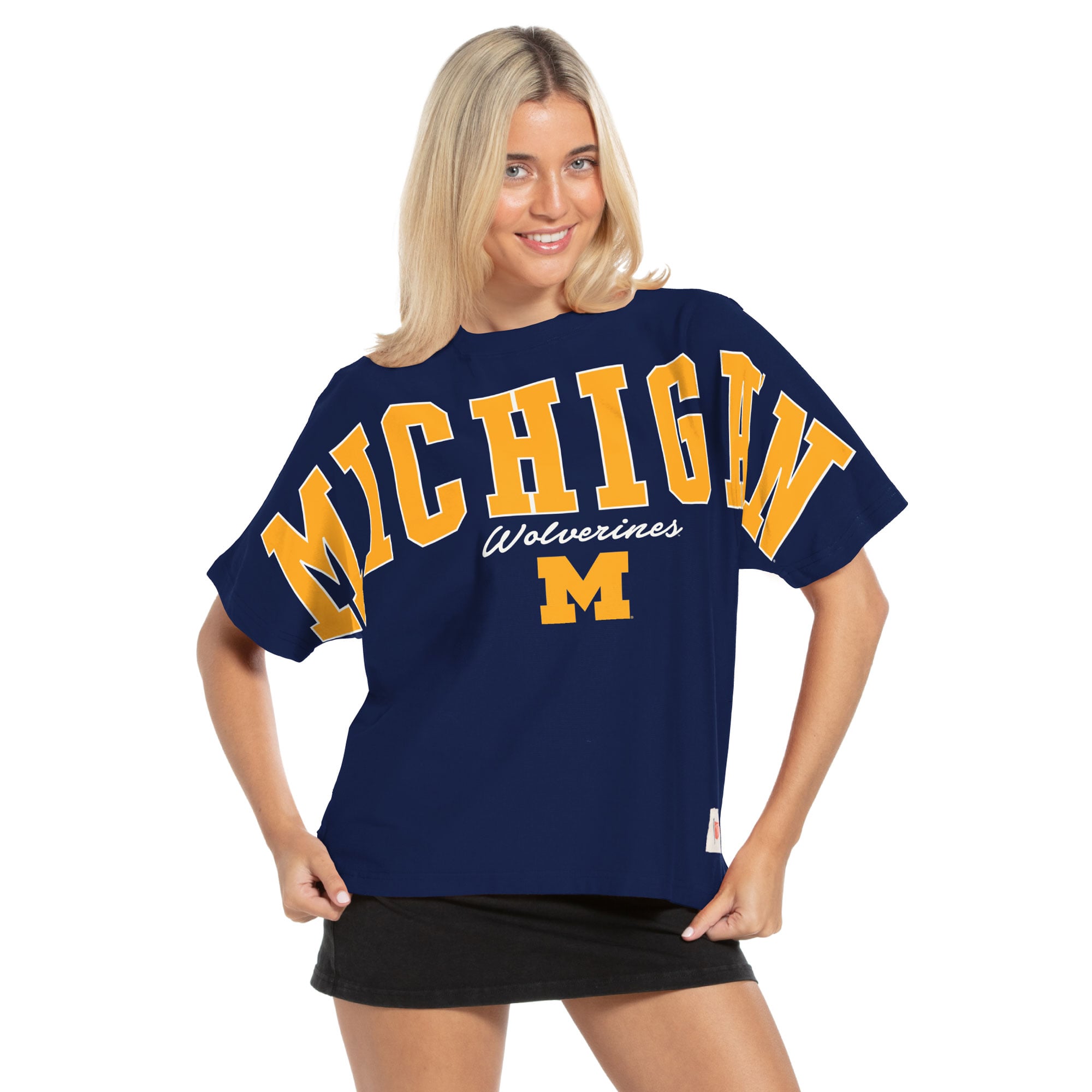 Women's Pressbox  Navy Michigan Wolverines Flannigan Oversized T-Shirt