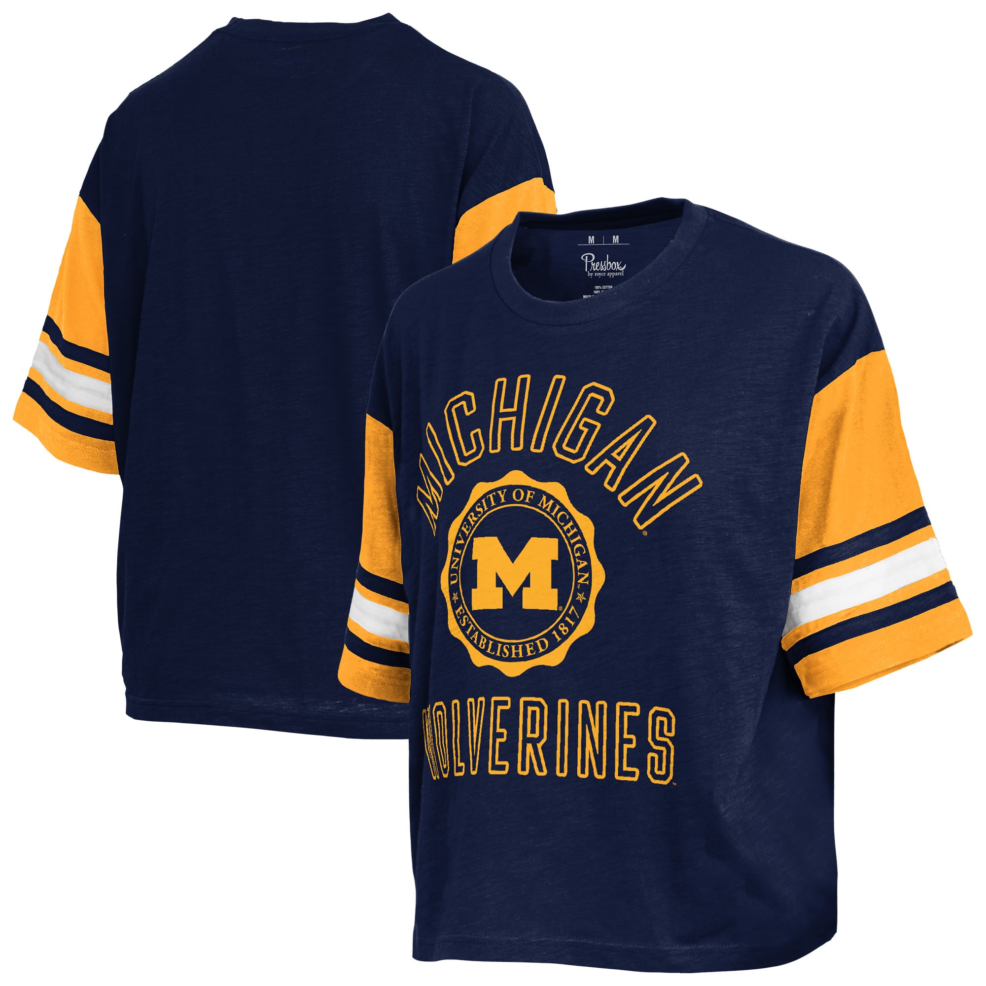 Women's Pressbox Navy Michigan Wolverines Sunday Colorblock Seal T-Shirt