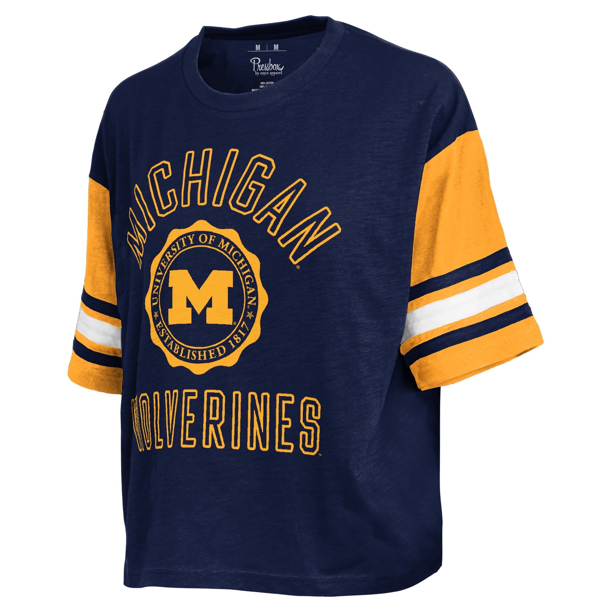 Women's Pressbox Navy Michigan Wolverines Sunday Colorblock Seal T-Shirt