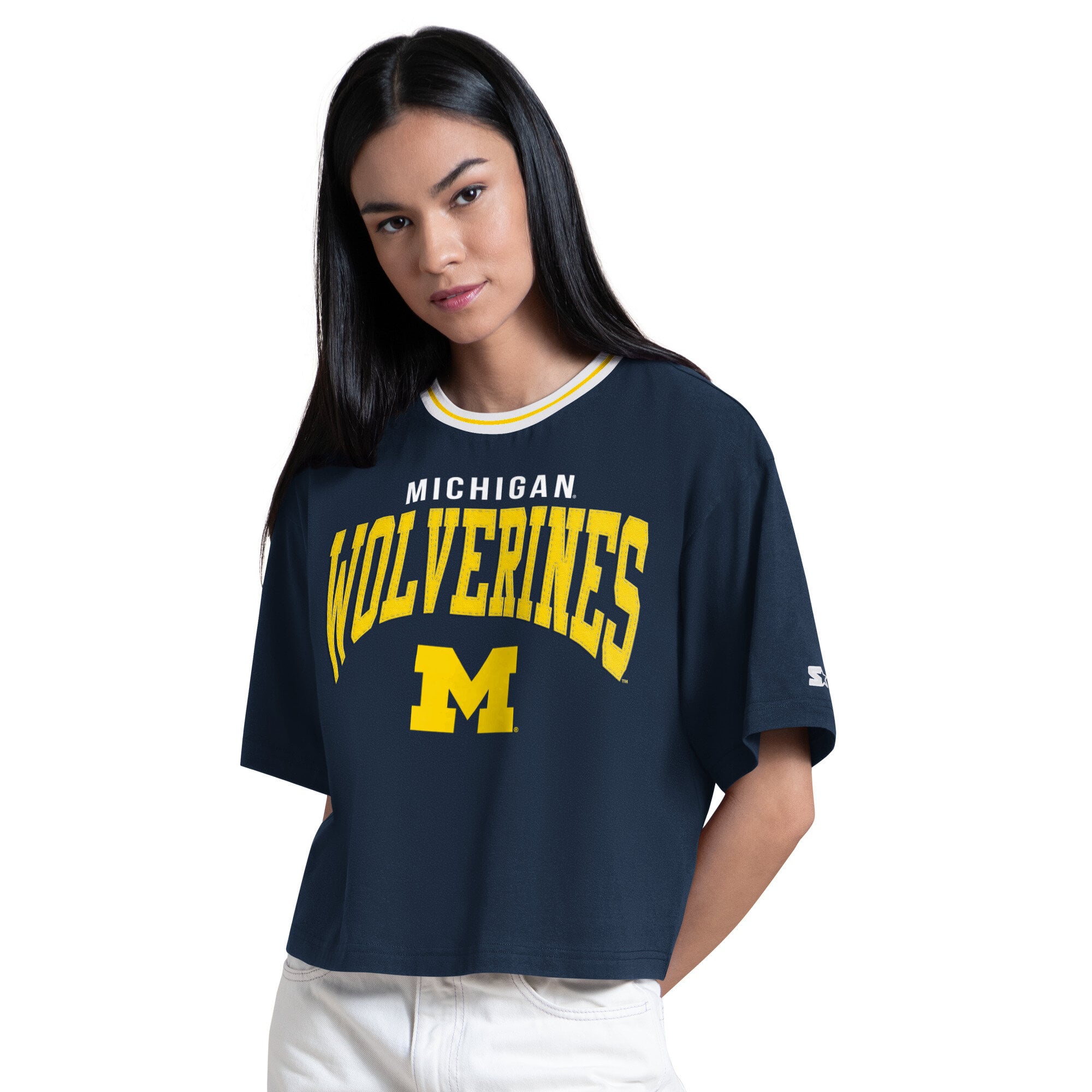 Women's Starter Navy Michigan Wolverines Ace Cropped T-Shirt