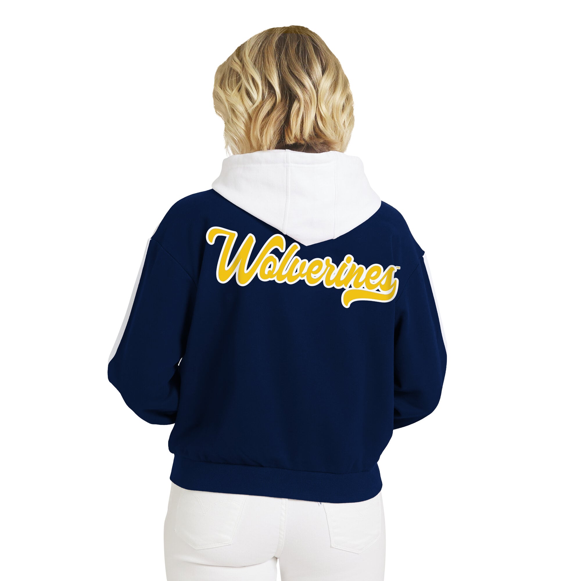 Sweat à capuche zippé pour femme WEAR by Erin Andrews, bleu marine, Michigan Wolverines, rayures colorblock sur les manches