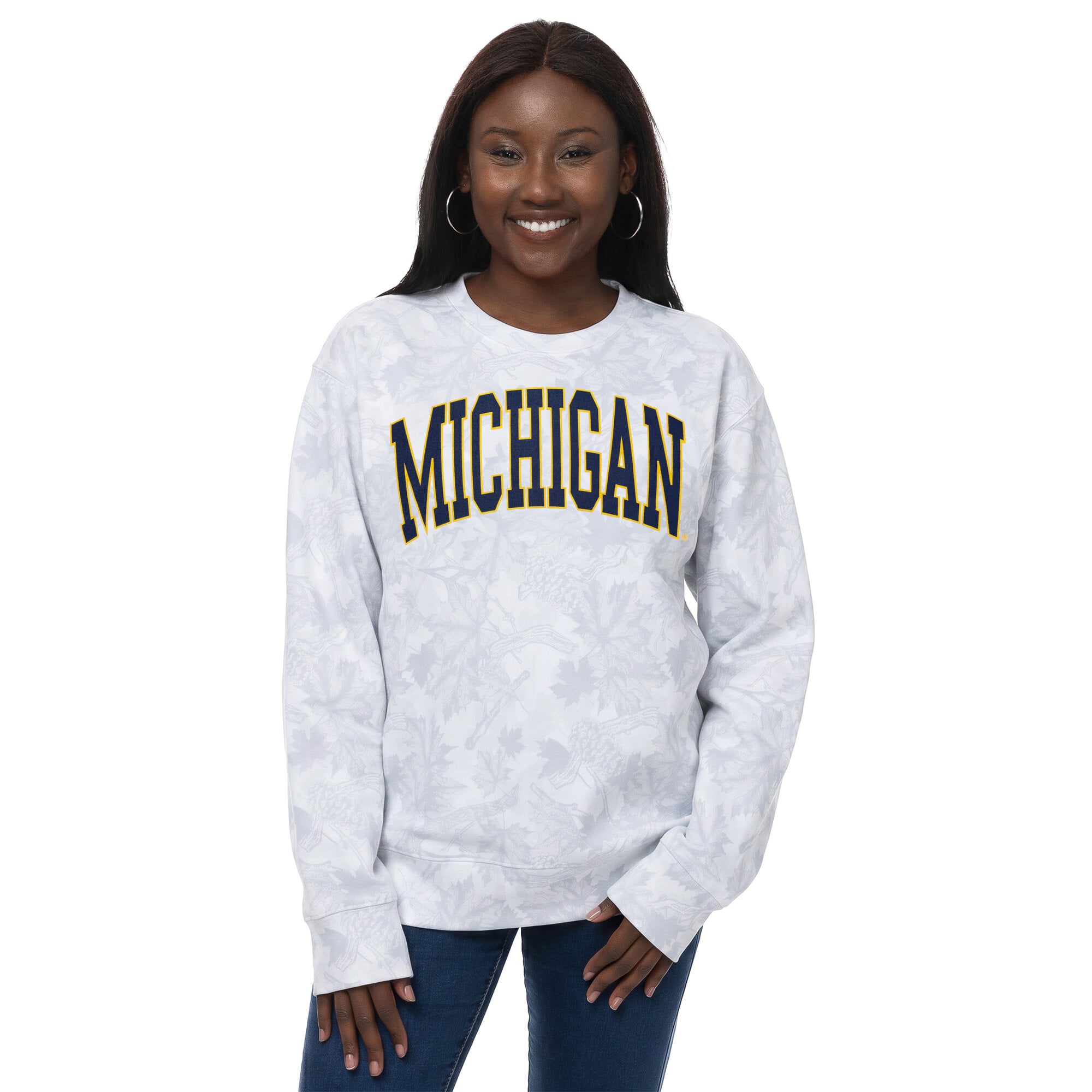 Women's ZooZatz Gray Michigan Wolverines Camo Arch Logo Fleece Crewneck Sweatshirt