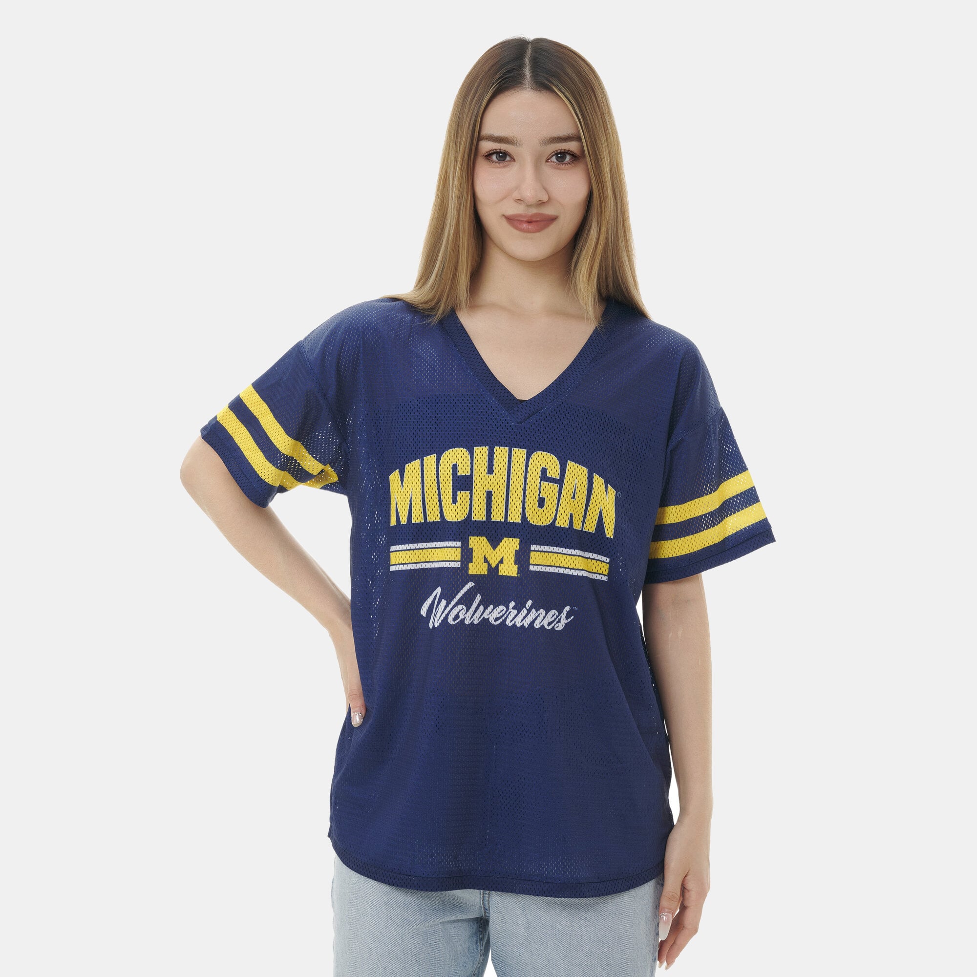 Women's ZooZatz Navy Michigan Wolverines Mesh Jersey Kickoff T-Shirt