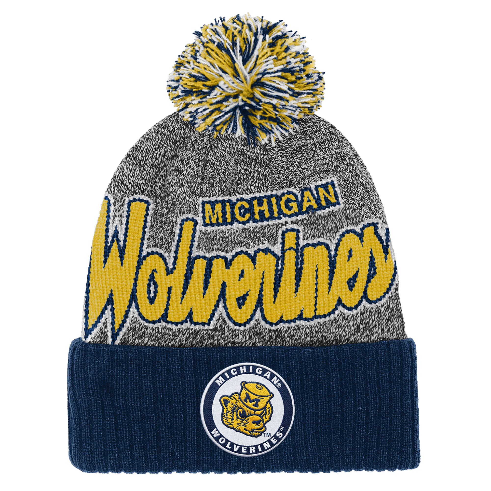 Bonnet à revers Mitchell & Ness bleu marine avec pompon, à l'effigie de la mascotte des Wolverines du Michigan, pour enfant.