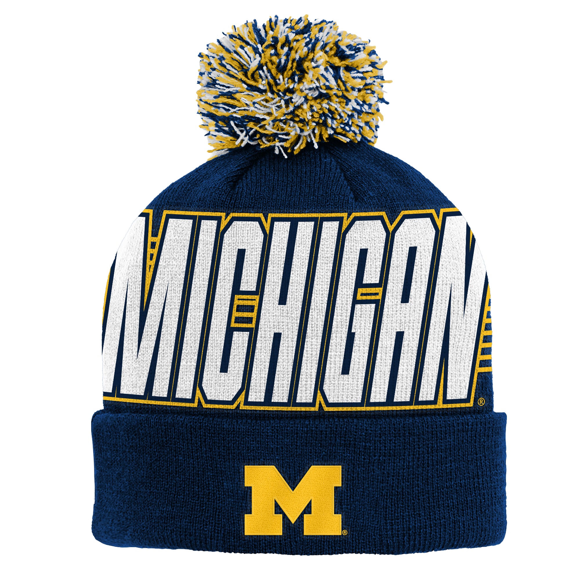 Bonnet tricoté à revers bleu marine Michigan Wolverines pour enfant Outerstuff avec pompon