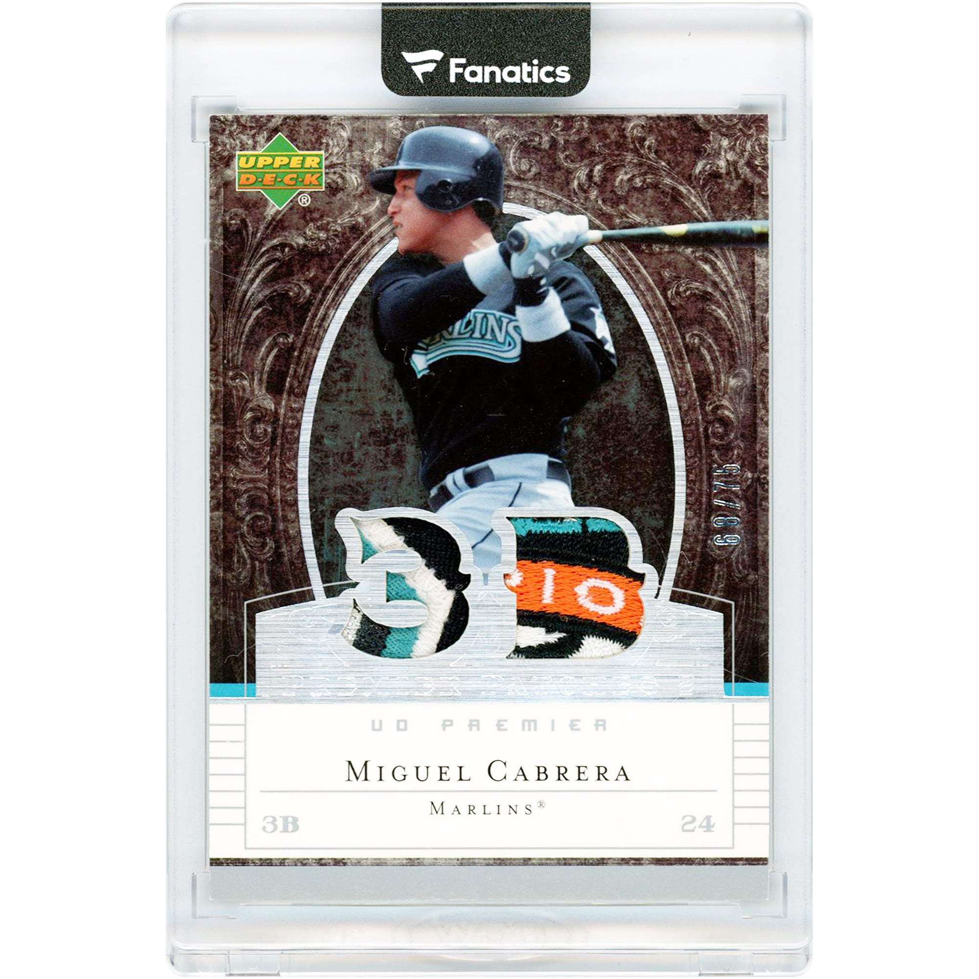 Miguel Cabrera Florida Marlins 2007 Upper Deck Premier Premier Patches Dual Quad-Color Game Used Jersey Relics #PP2-MC #68/75 Card