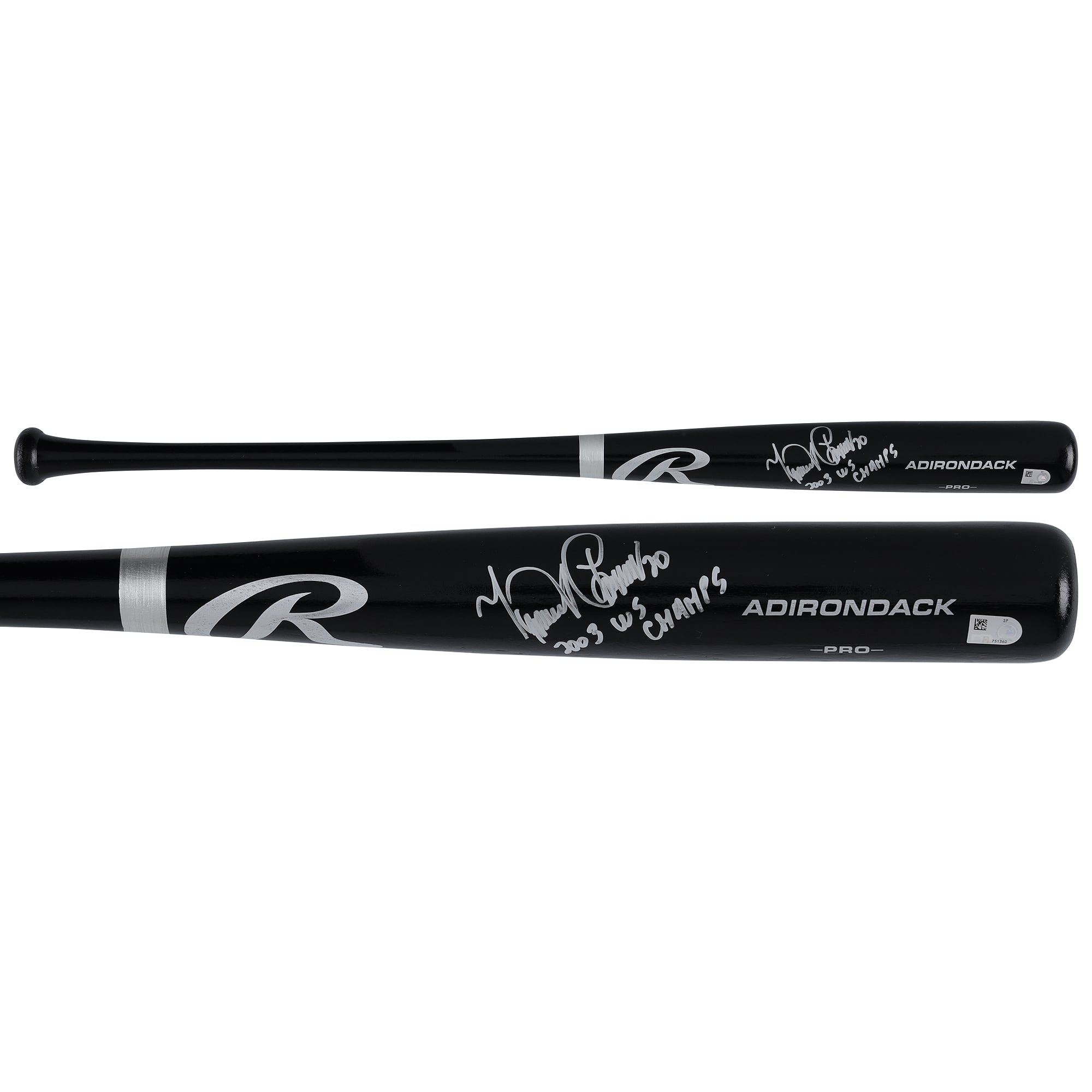 Batte Rawlings Pro noire autographiée par Miguel Cabrera des Marlins de la Floride avec inscription « Champions des Séries mondiales 2003 »