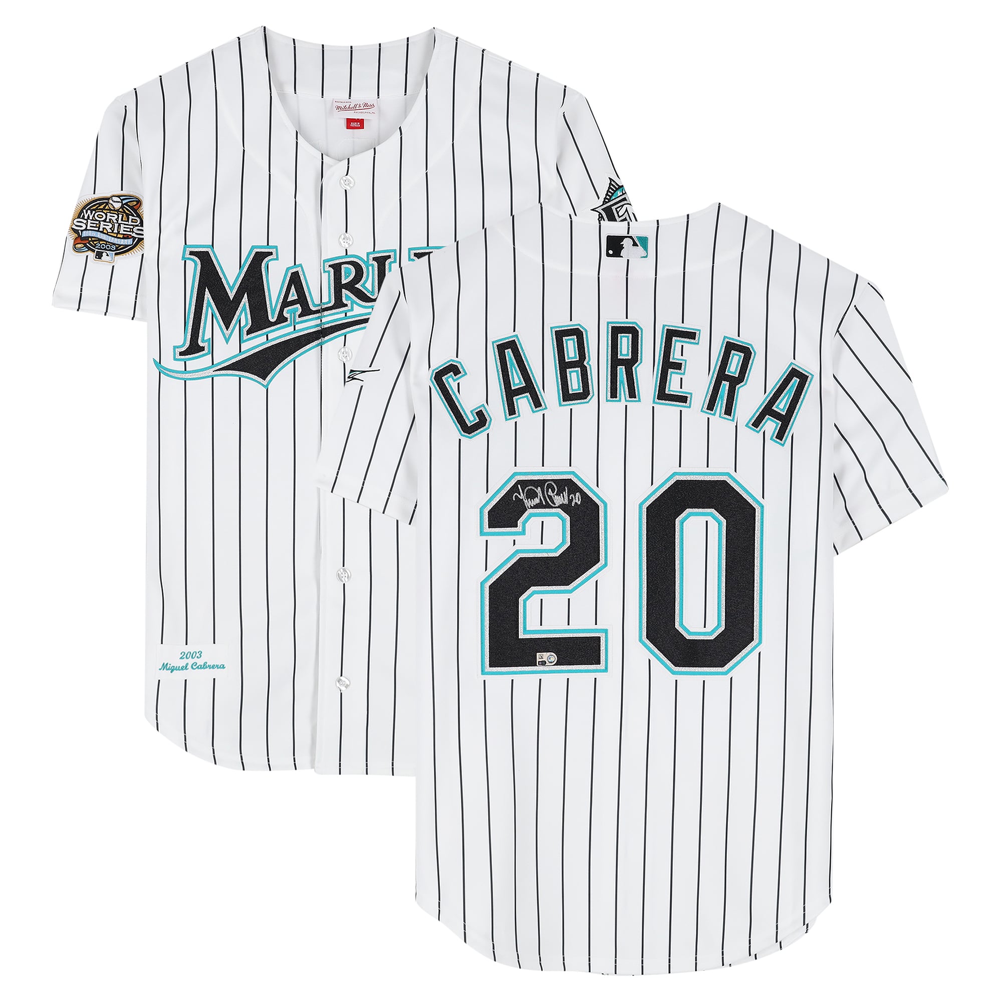 Maillot authentique Mitchell & Ness blanc autographié de Miguel Cabrera, des Marlins de la Floride (2003)