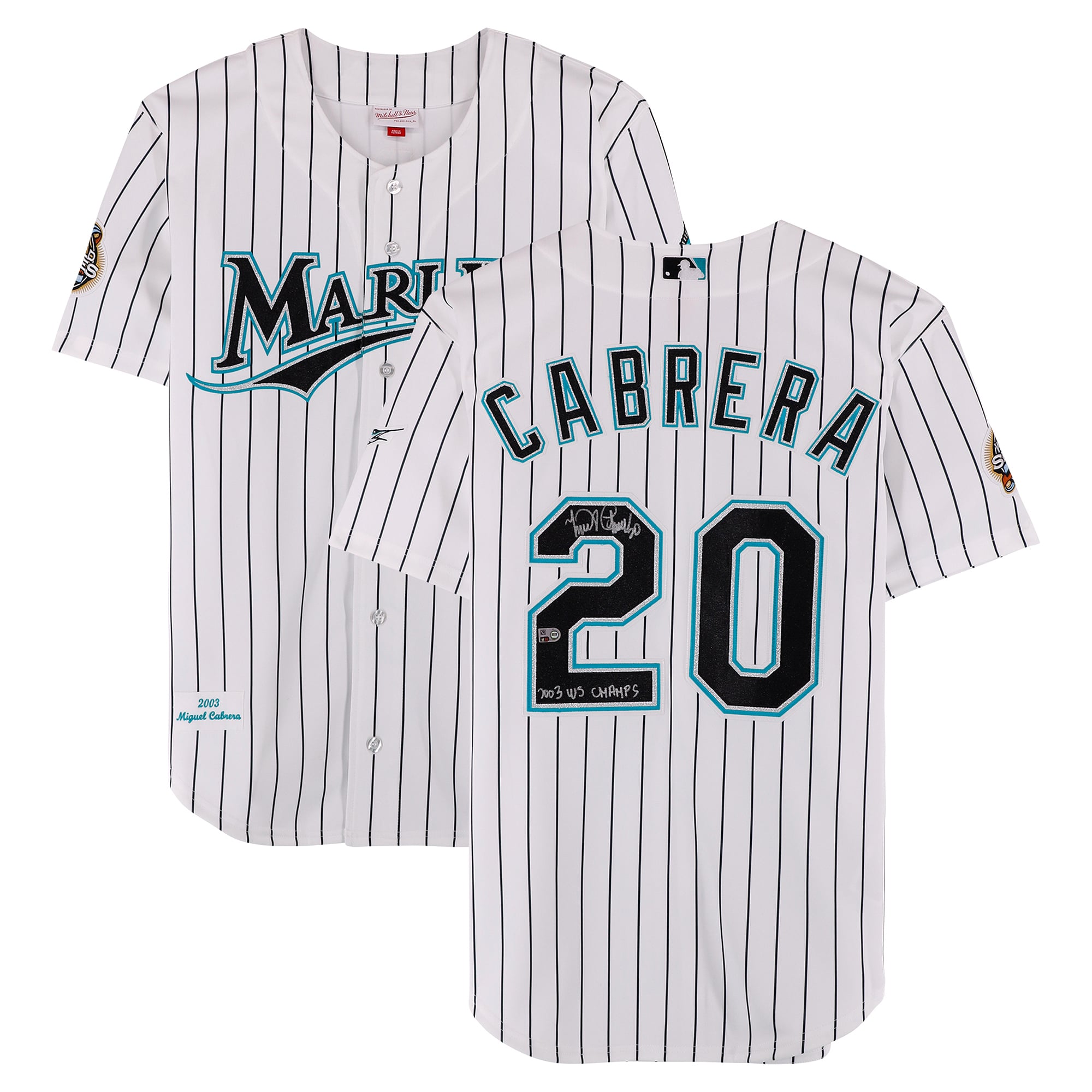 Maillot authentique Mitchell & Ness blanc autographié par Miguel Cabrera des Marlins de la Floride (édition 2003) avec inscription « Champions des Séries mondiales 2003 ».