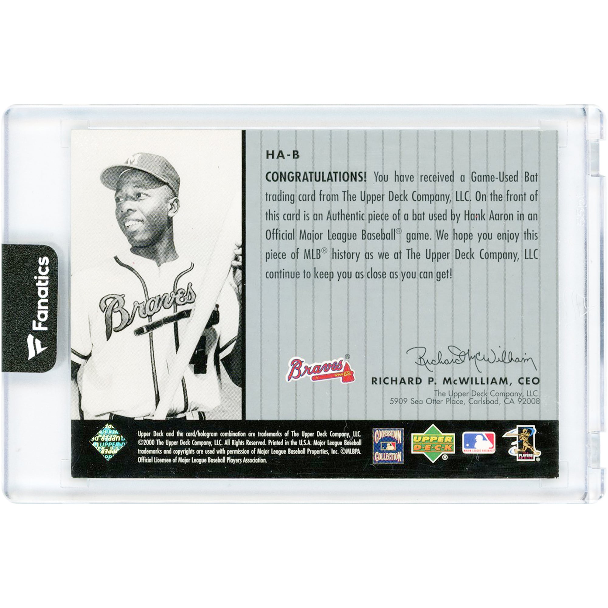 Carte Hank Aaron Milwaukee Braves 2000 Upper Deck A Piece Of History 3000 Hit Club Game Used Relic #HA-B