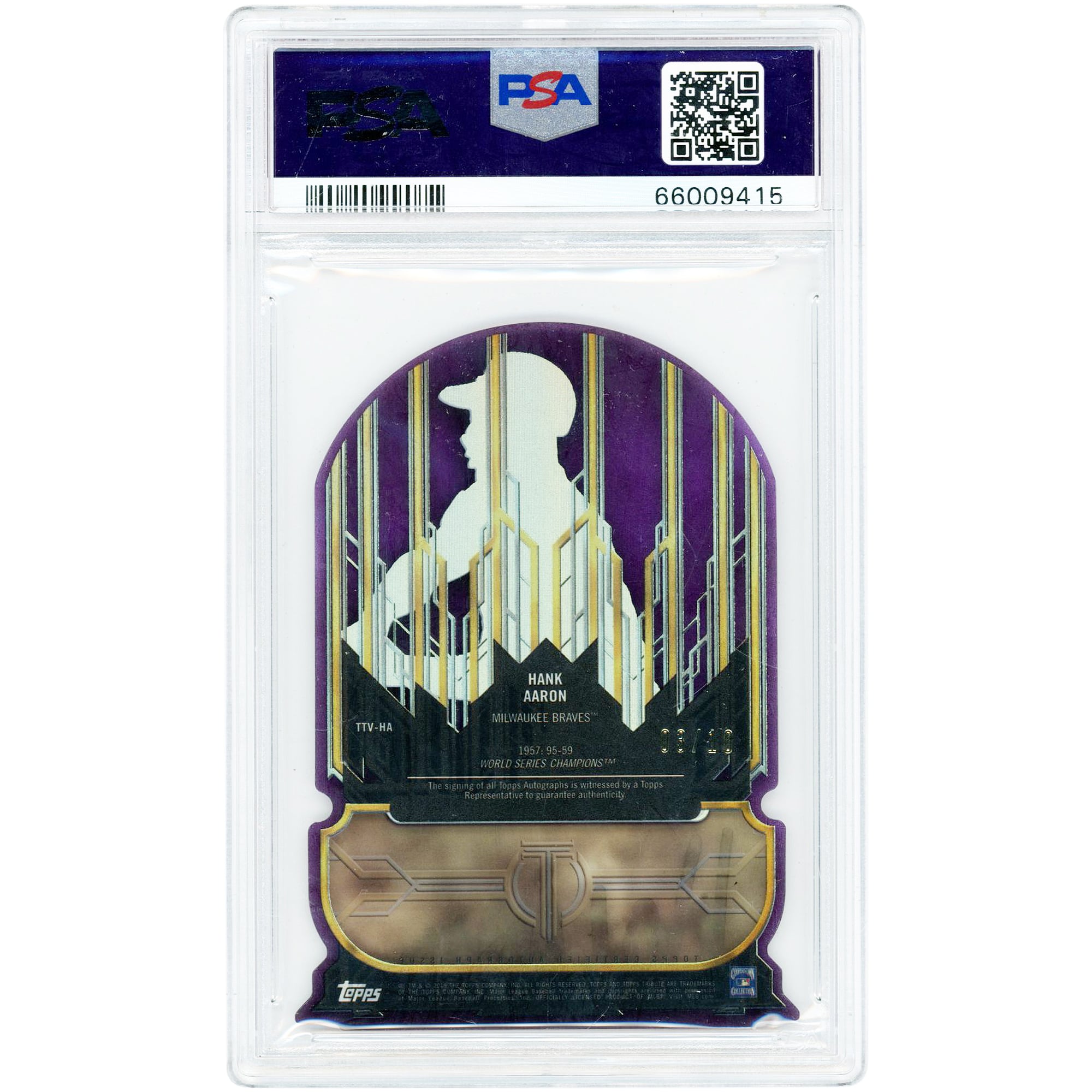 Hank Aaron Milwaukee Braves Autographed 2015 Topps Tribute Purple Die Cut Silver Ink #HA #3/10 PSA Authenticated 8 Card