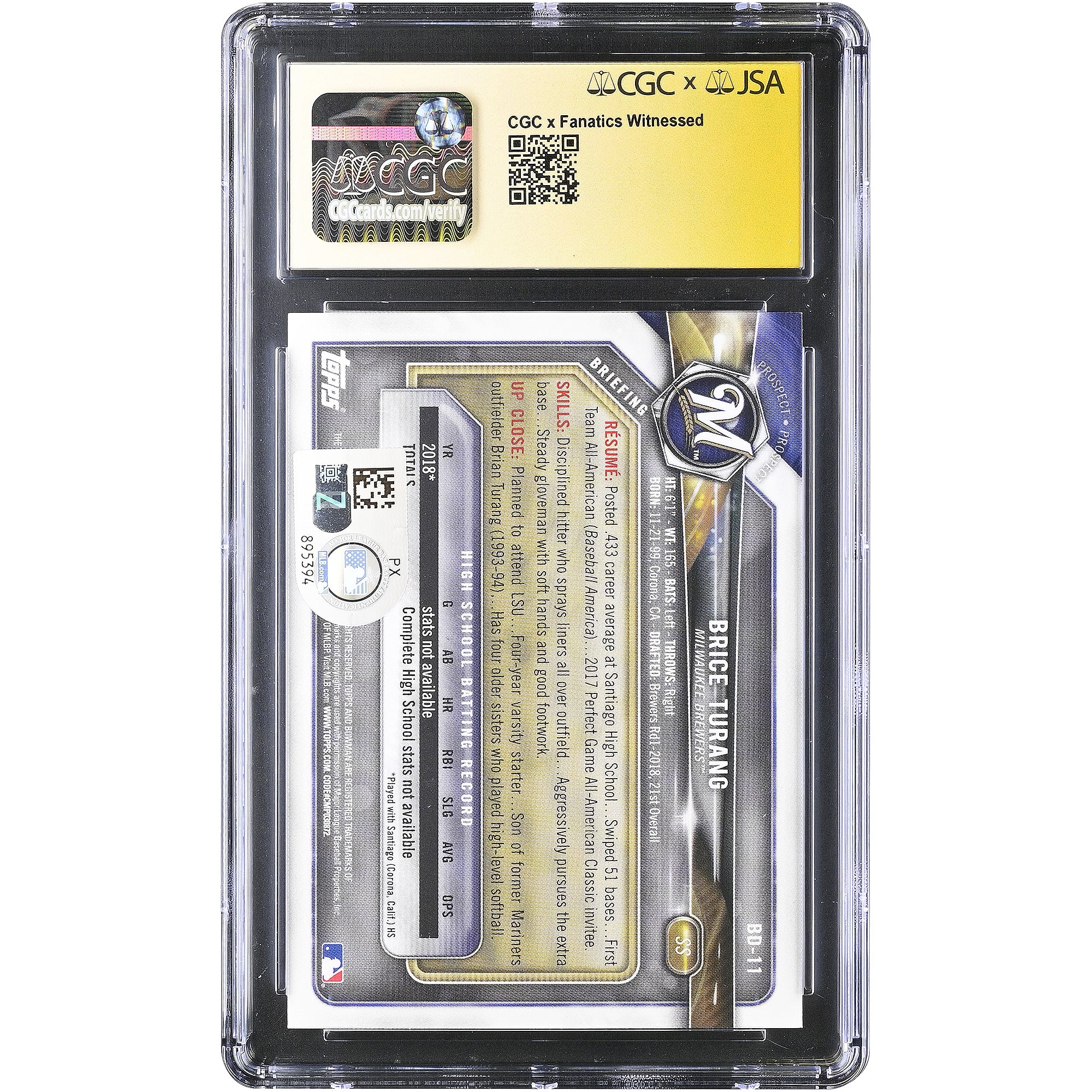 Brice Turang Milwaukee Brewers Autographed 2018 Bowman Draft Prospects #BD-11 CGC Fanatics Witnessed Authenticated 10/10 Card