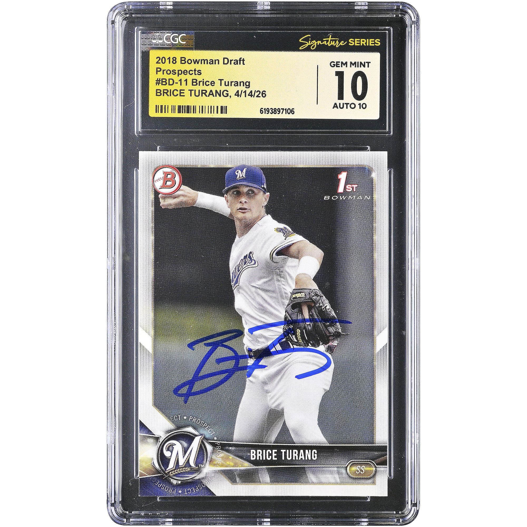 Brice Turang Milwaukee Brewers Autographed 2018 Bowman Draft Prospects #BD-11 CGC Fanatics Witnessed Authenticated 10/10 Card