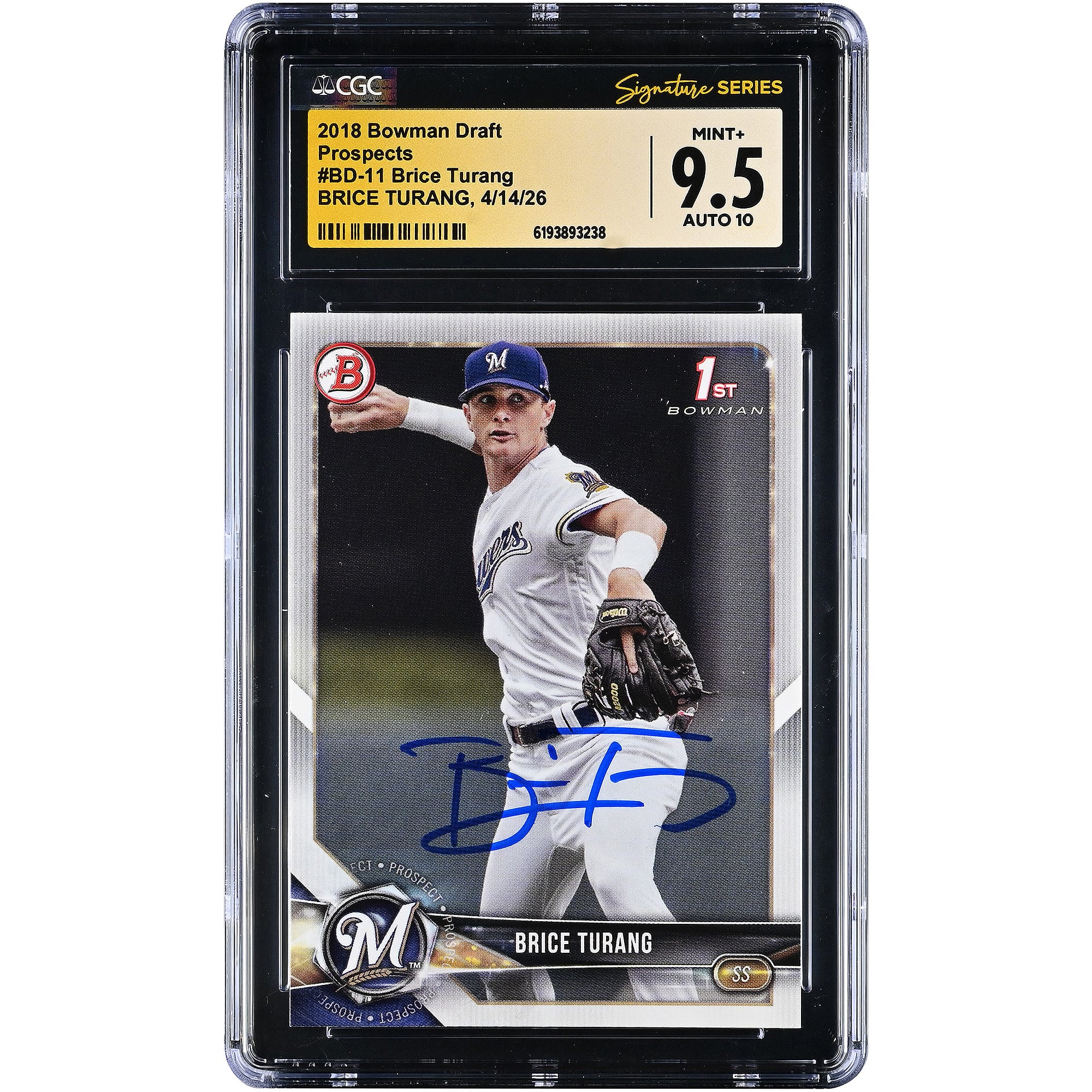 Carte autographiée de Brice Turang (Milwaukee Brewers), collection Bowman Draft Prospects 2018, numéro BD-11, authentifiée par CGC Fanatics Witnessed (note 9,5/10).