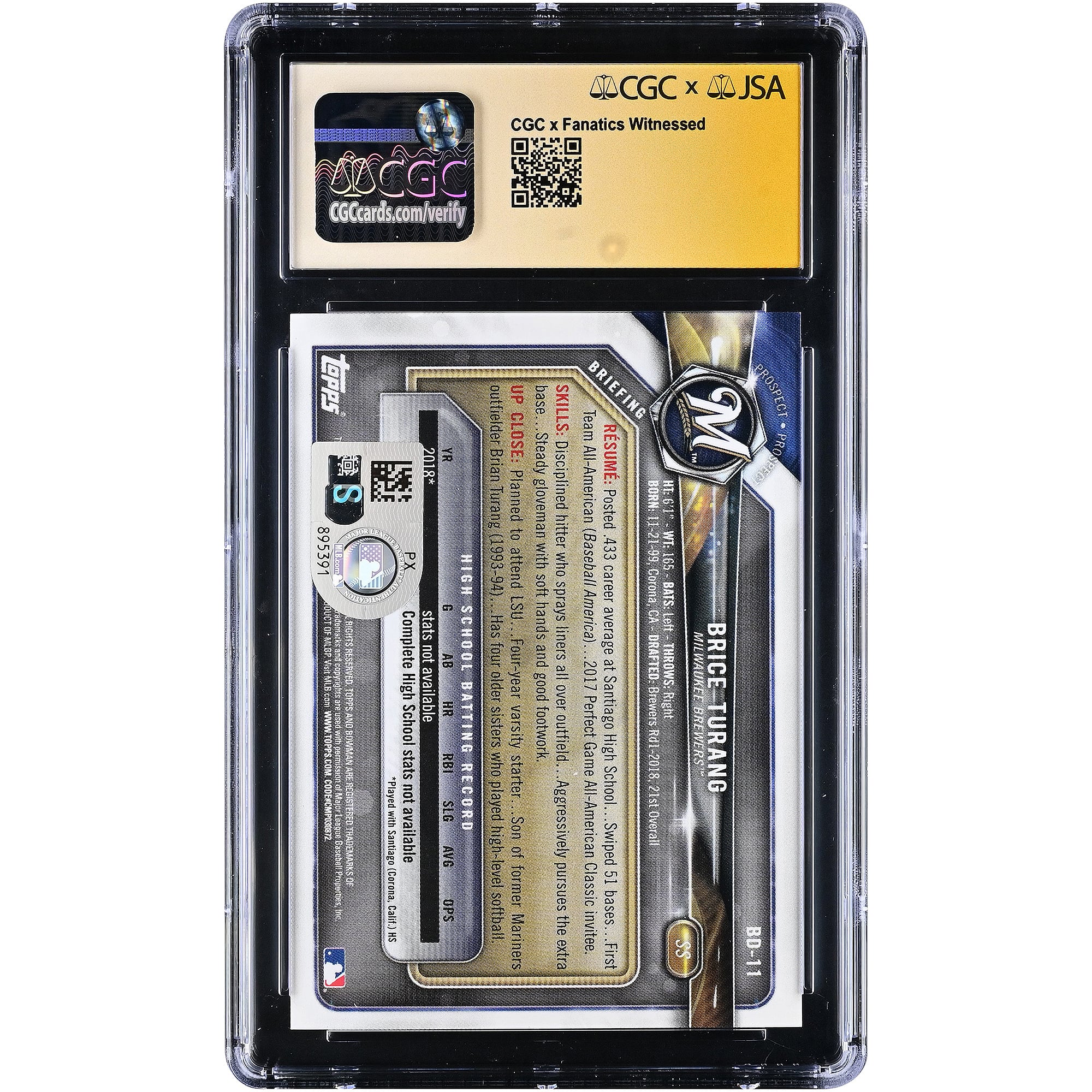 Carte autographiée de Brice Turang (Milwaukee Brewers), collection Bowman Draft Prospects 2018, numéro BD-11, authentifiée par CGC Fanatics Witnessed (note 9,5/10).