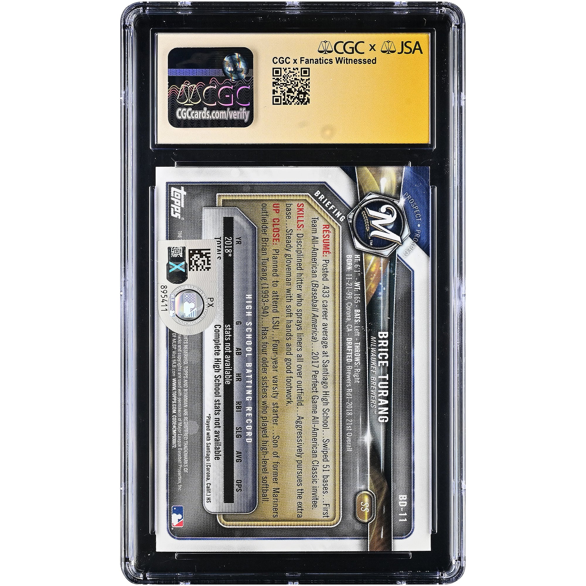 Brice Turang Milwaukee Brewers Autographed 2018 Bowman Draft Prospects #BD-11 CGC Fanatics Witnessed Authenticated MINT+ 9.5 Card