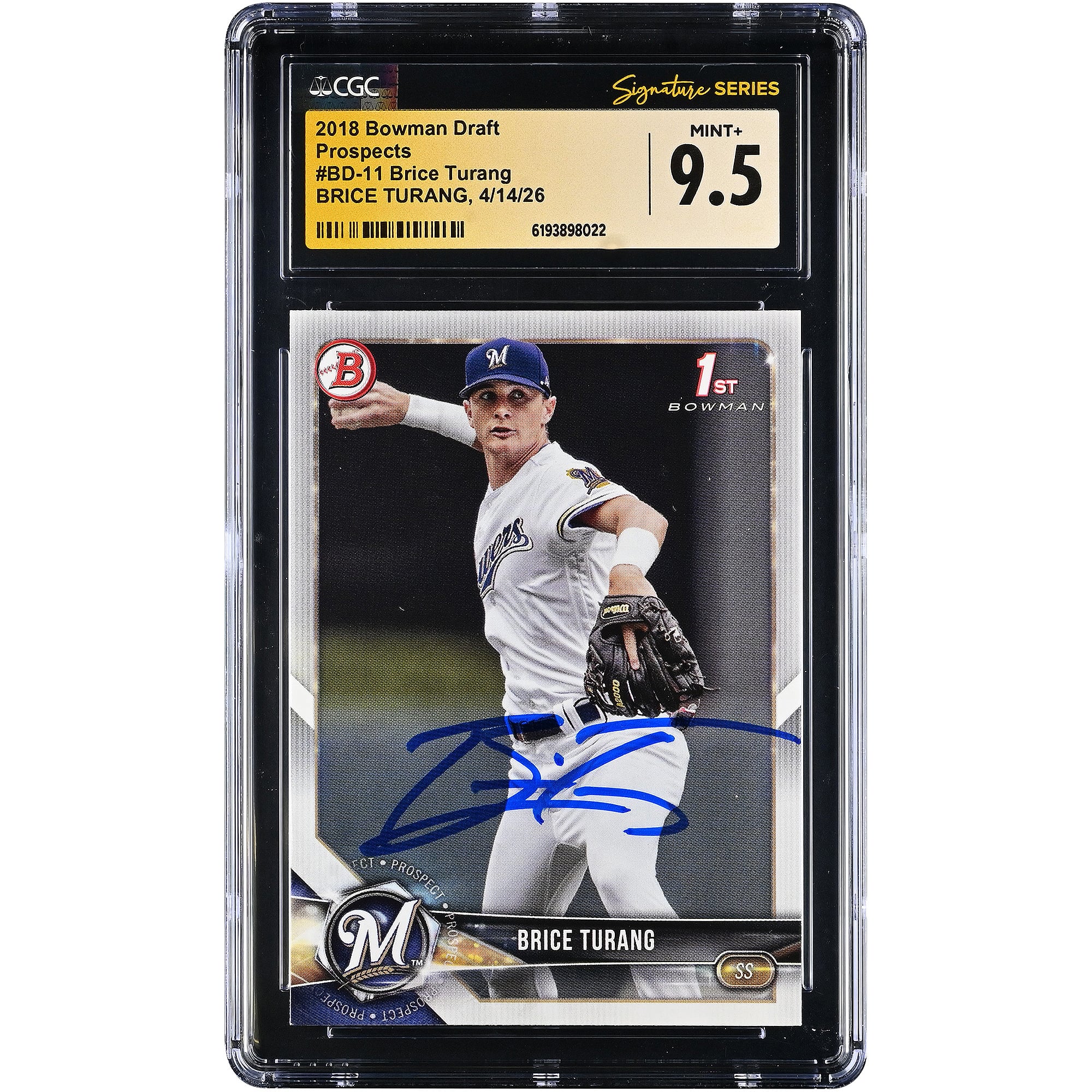 Brice Turang Milwaukee Brewers Autographed 2018 Bowman Draft Prospects #BD-11 CGC Fanatics Witnessed Authenticated MINT+ 9.5 Card