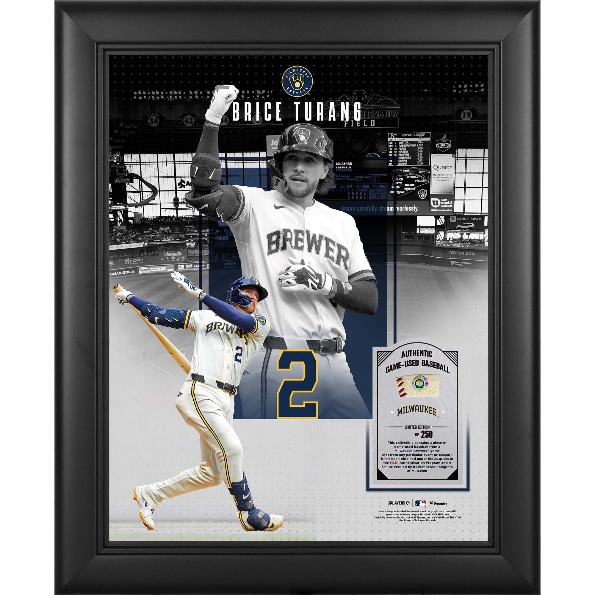 Collage encadré 11" x 14" de Brice Turang, représentant les Milwaukee Brewers, avec un morceau de balle utilisée en match - Édition limitée à 250 exemplaires