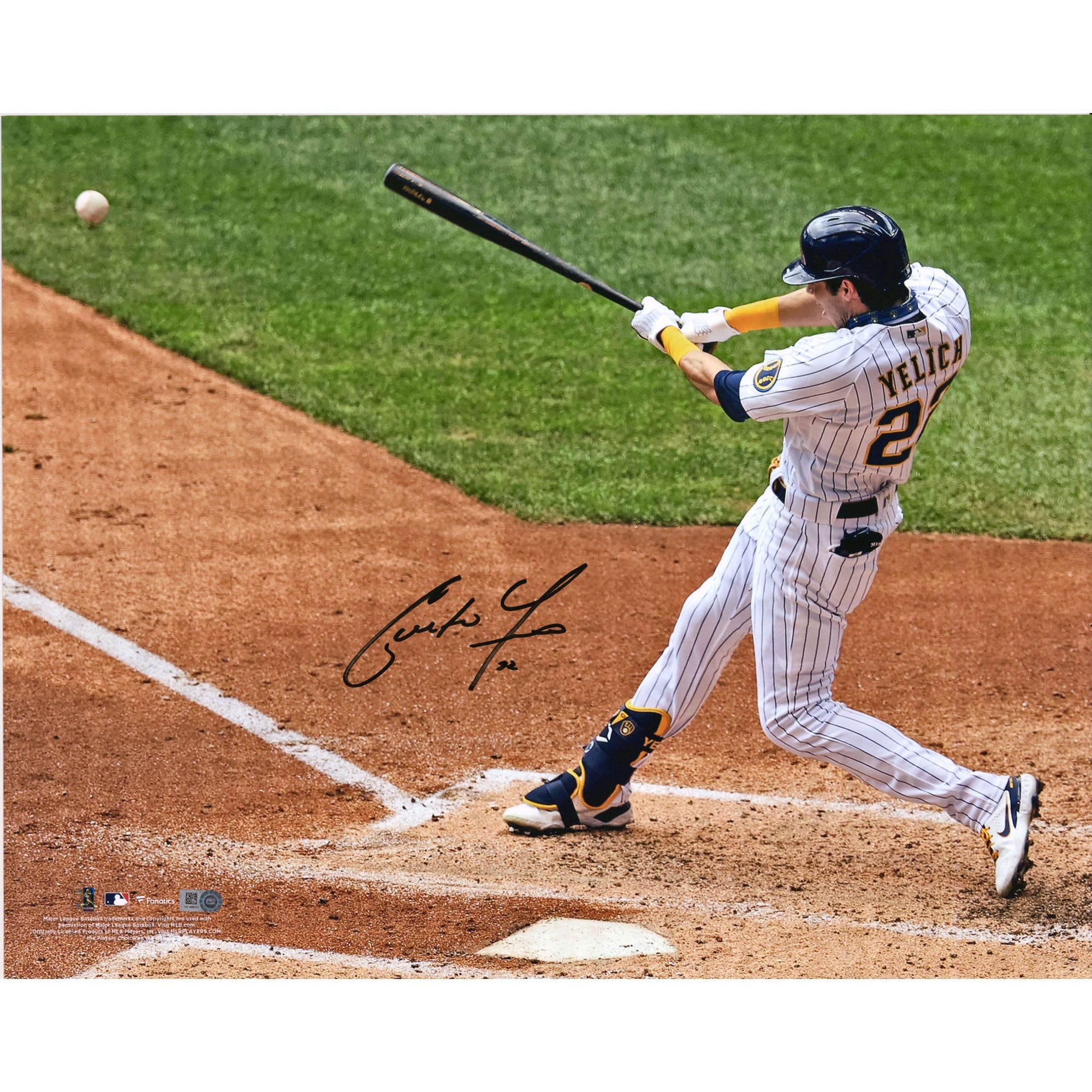 Photo de Christian Yelich (Milwaukee Brewers) autographiée (40,6 x 50,8 cm) en train de frapper