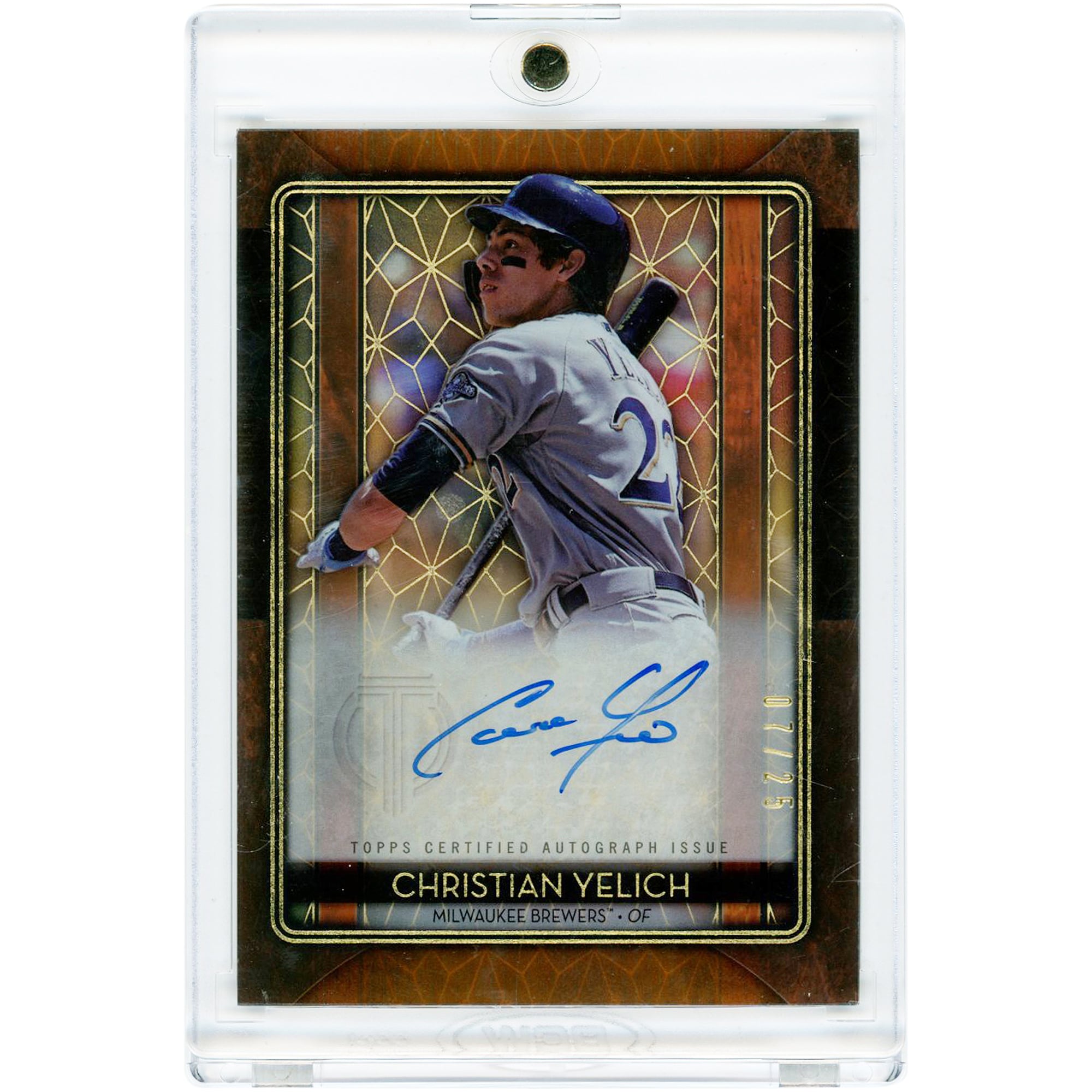 Carte autographiée de Christian Yelich (Milwaukee Brewers) de la collection Topps Tribute Iconic Perspectives Orange 2020 #IP-CY #7/25