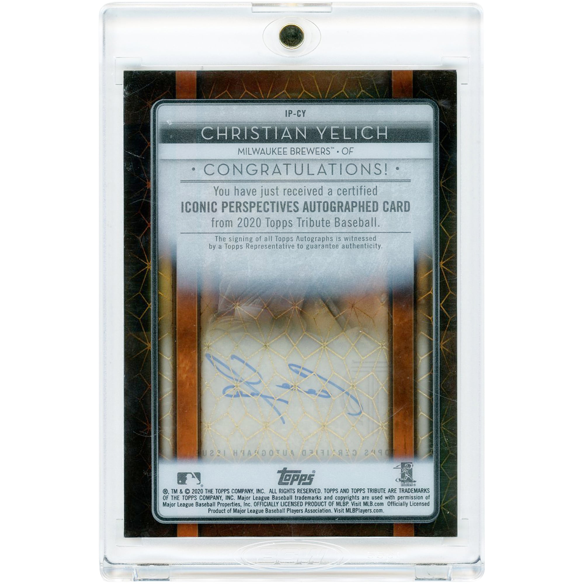 Carte autographiée de Christian Yelich (Milwaukee Brewers) de la collection Topps Tribute Iconic Perspectives Orange 2020 #IP-CY #7/25