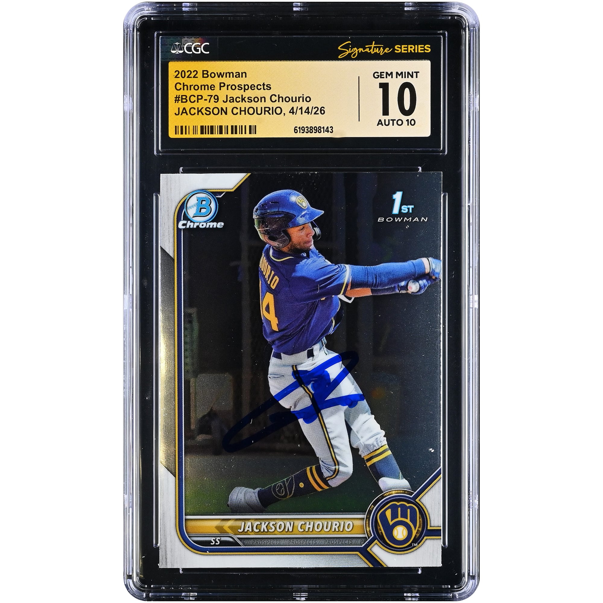 Jackson Chourio Milwaukee Brewers Autographed 2022 Bowman Chrome Prospects #BCP-79 CGC Fanatics Witnessed Authenticated / Card