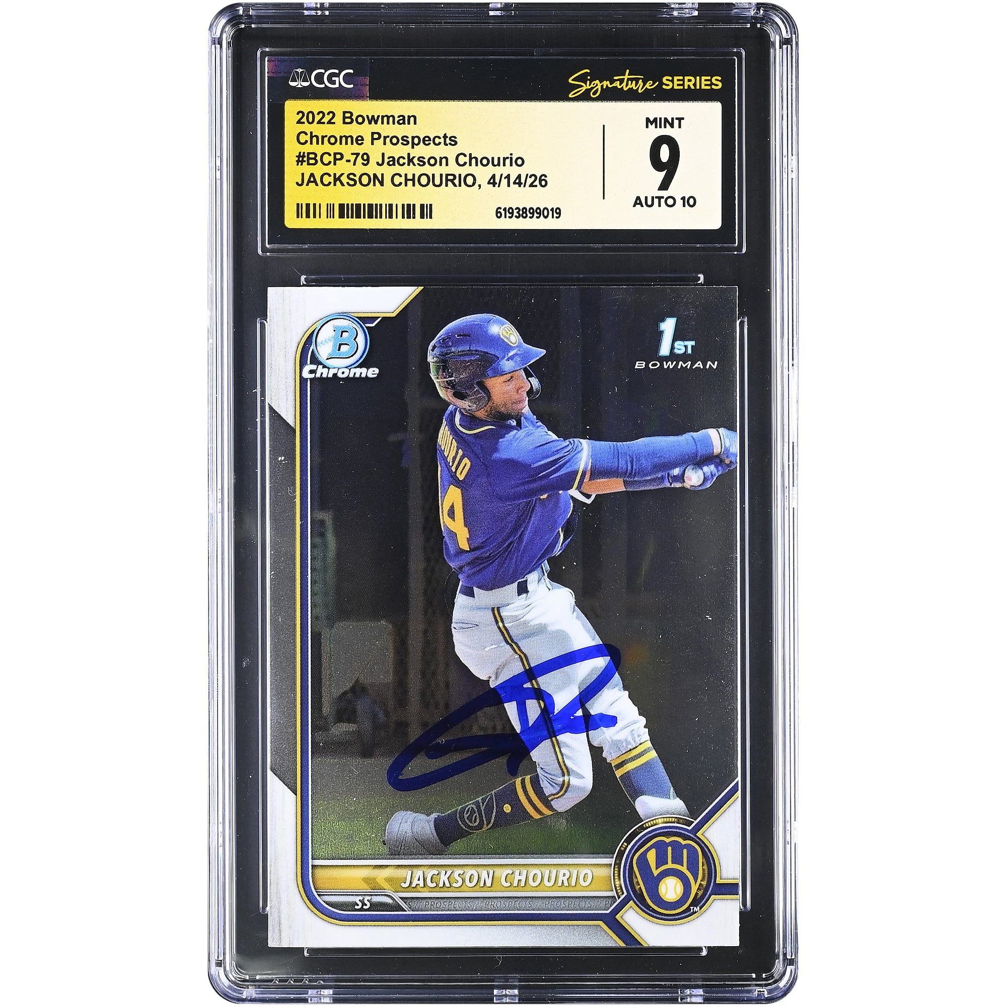 Jackson Chourio Milwaukee Brewers Autographed 2022 Bowman Chrome Prospects #BCP-79 CGC Fanatics Witnessed Authenticated 9/10 Card