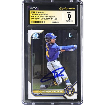 Jackson Chourio Milwaukee Brewers Autographed 2022 Bowman Chrome Prospects #BCP-79 CGC Fanatics Witnessed Authenticated 9/10 Card